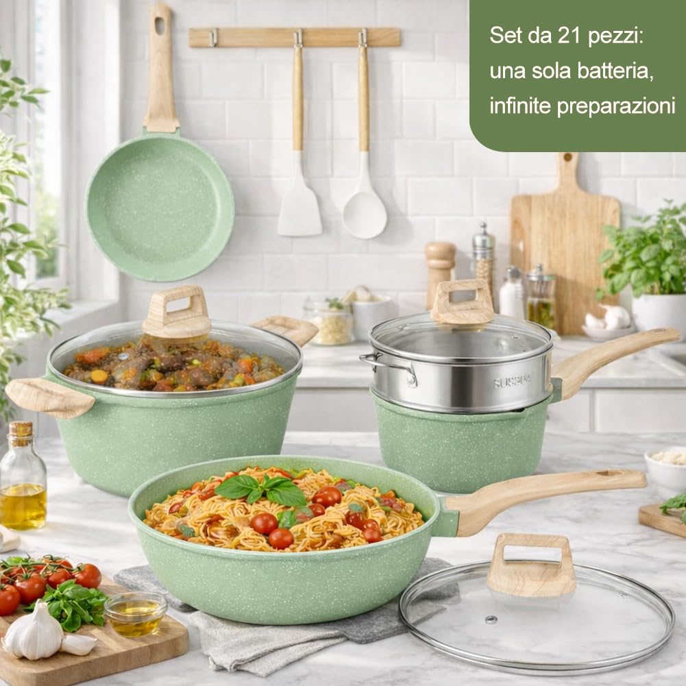 BAKAJI Batteria di Pentole e Padelle 15 Pezzi a Induzione e Gas, Set Adatto a Tutti i Piani Cottura, Antiaderente in Alluminio Pressofuso ed Effetto in Granito con Coperchio e Accessori (Verde)