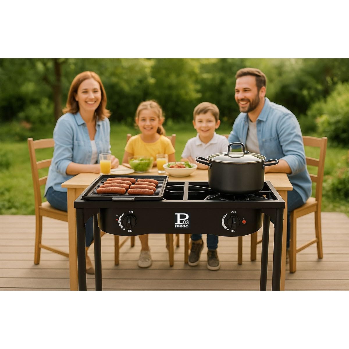 INTEC - Fornello a gas 2 fuochi Barbecue grill 9 kW 2 in 1: 2 bruciatori in ghisa + 1 piastra grill ghisa, 3 altezze modulabili Piezo