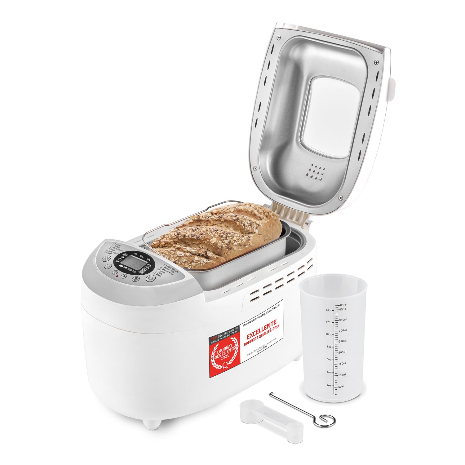 TZS First Austria - Machine à pain avec 12 programmes automatiques 850W - Pétrin électrique de 700-1250g - Avec hublot, minuterie, accessoires et fonction de maintien au chaud - Blanc