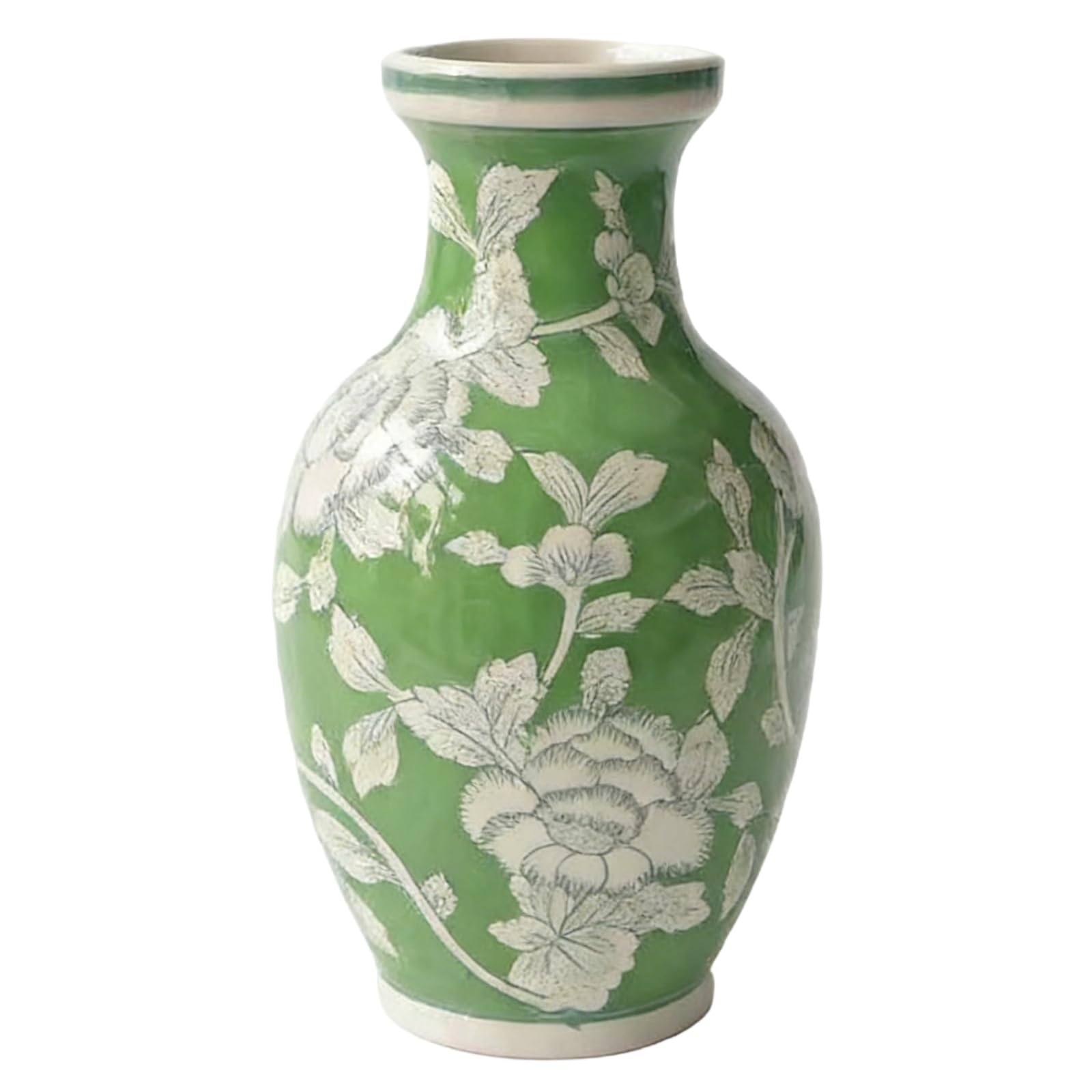 Jarrón Chinoiserie en verde y blanco, jarrón de cerámica de 8.7 pulgadas, porcelana pintada a mano, centro de mesa sofisticado, recipiente floral hidropónico, acento de decoración del hogar, opción de