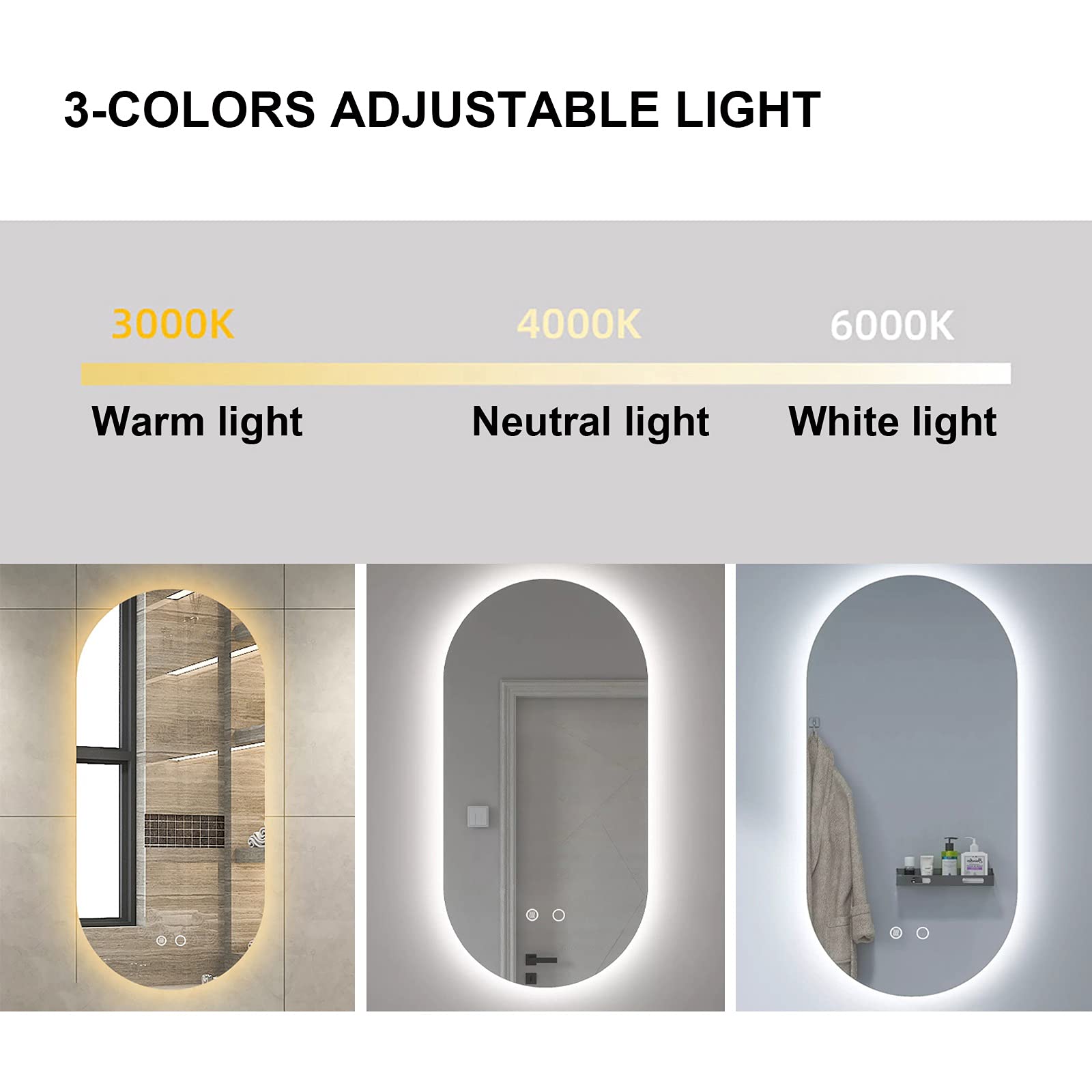 Specchio Espejo de baño iluminado con Luces LED, 3 temperaturas de Color, Sensor táctil y antivaho, montaje en pared Horizontal o Vertical.