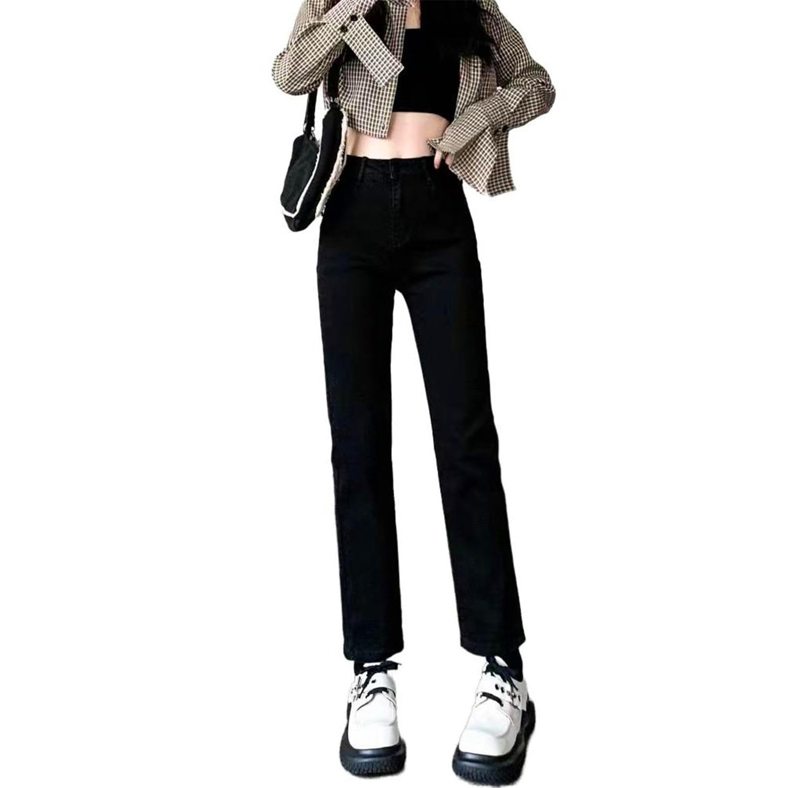 Pantalones Vaqueros Ajustados para Mujer Negro Primavera Otoño Tiro Alto Ajustados Pierna Recta Tobilleros
