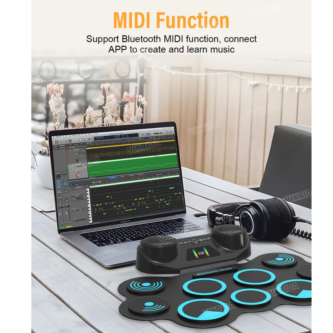 VikriDA Electronic Drum Pad Set | Foldable Roll-Up Digital Drum Kit with Bluetooth MIDI Support, Built-in Stereo Speakers & Drumsticks 3