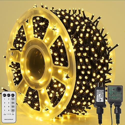 LJLNION 1000LED Christmas Lights, Extra Long 328FT Xmas Green Wire Fairy String Lights Plug in Outdoor, Remote Control & 8 Lighting Modes, Waterproof for Wedding Party Bedroom Decorations, Warm White LJLNION 1000LED Christmas Lights, Extra Long 328FT Xmas Green Wire Fairy String Lights Plug in Outdoor, Remote Control & 8 Lighting Modes, Waterproof for Wedding Party Bedroom Decorations, Warm White
