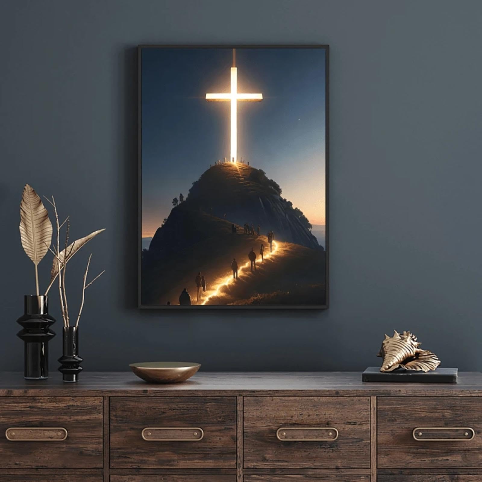 lianyibo Cruz cristiana moderna en la cima de la montaña, arte mural, lienzo, pintura, Jesús, creyentes, carteles, hogar, iglesia, decoración, marco de 80 x 140 cm