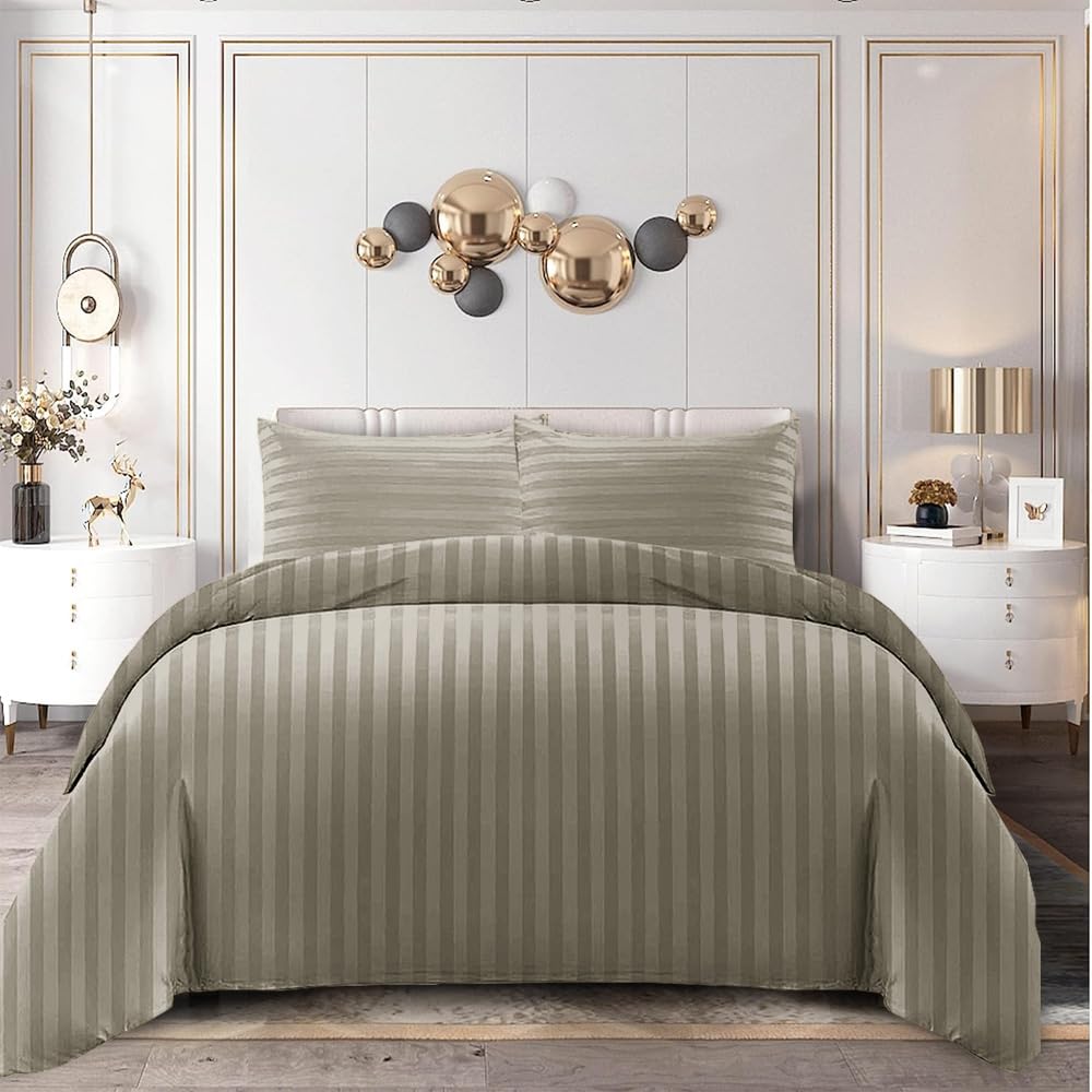 Home In Style 4U King Size Duvet Cover Sets Beige Bedding with Satin Stripes-Reversible Hotel Bedding Duvet Cover Set with Pillowcases, Ultra Soft Breathable Hypoallergenic Quilt Bed Covers