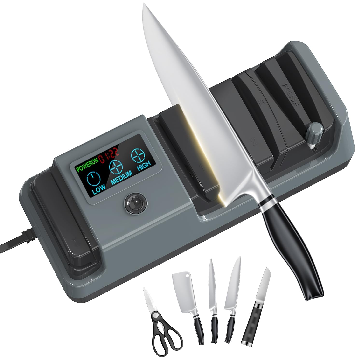 Upgrade 5 in 1 Electric Knife Sharpener with LCD Screen 3 Rotational Speed Adjustable 100 Diamond Abrasives knife