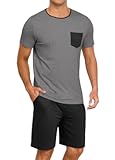 Mens Summer Pajamas Set Lightweight Pjs Sets Short Sleeve Pajama Shorts Set Soft Sleepwear Loungewear with Pockets