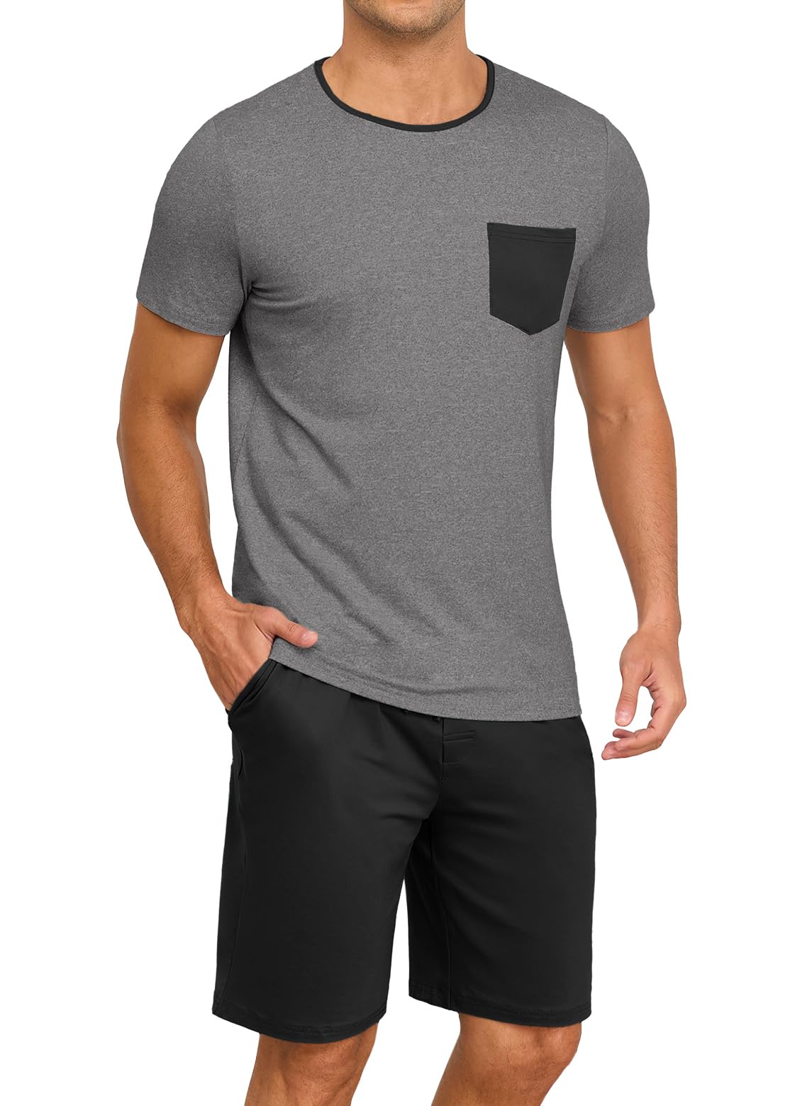 PrinStory Mens Summer Pajamas Set Lightweight Pjs Sets Short Sleeve Pajama Shorts Set Soft Sleepwear Loungewear with Pockets