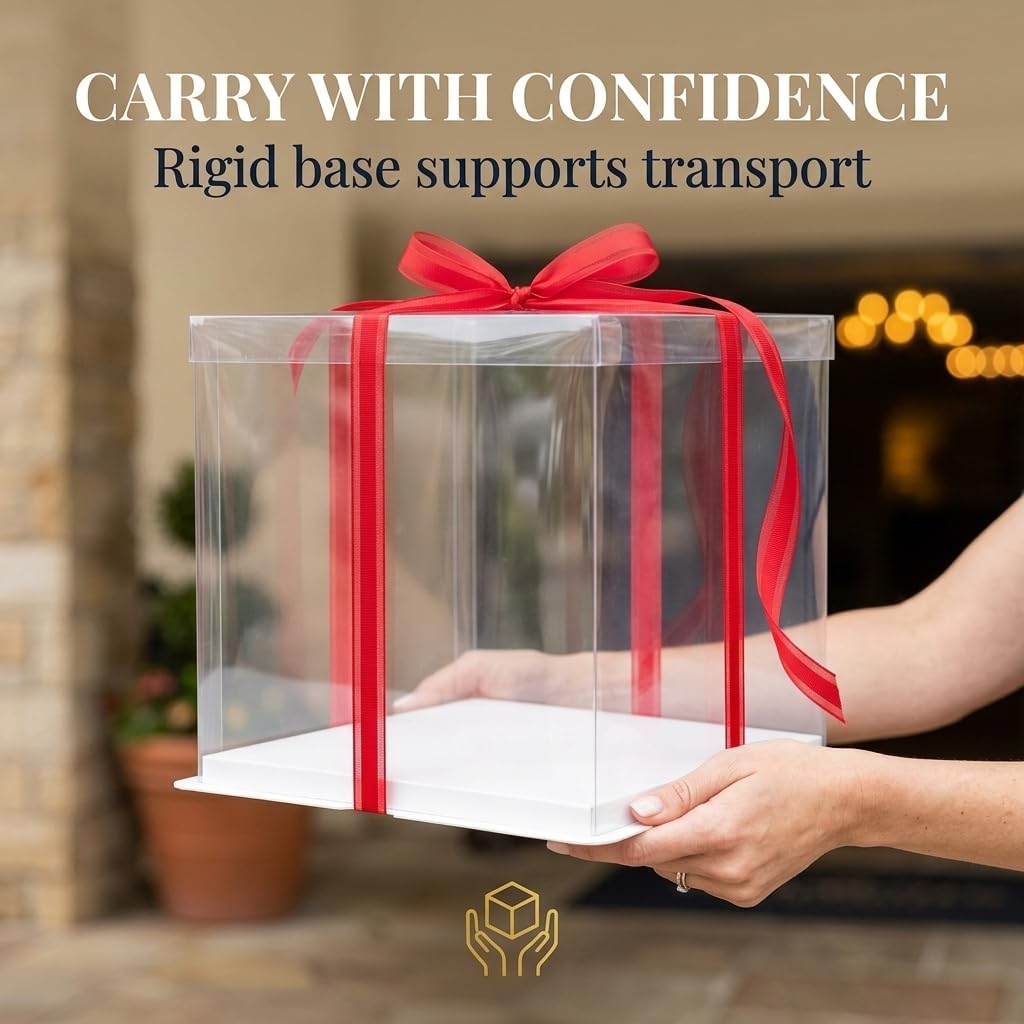 Sweet Degrees Clear Cake Box 13x13x14 Inch 2 Pack | Tall Cake Boxes for Tiered Cakes | Square Cake Carrier with Lid | Clear Gift Box for Wedding Birthday Bakery Display | PET Plastic, Ships Flat