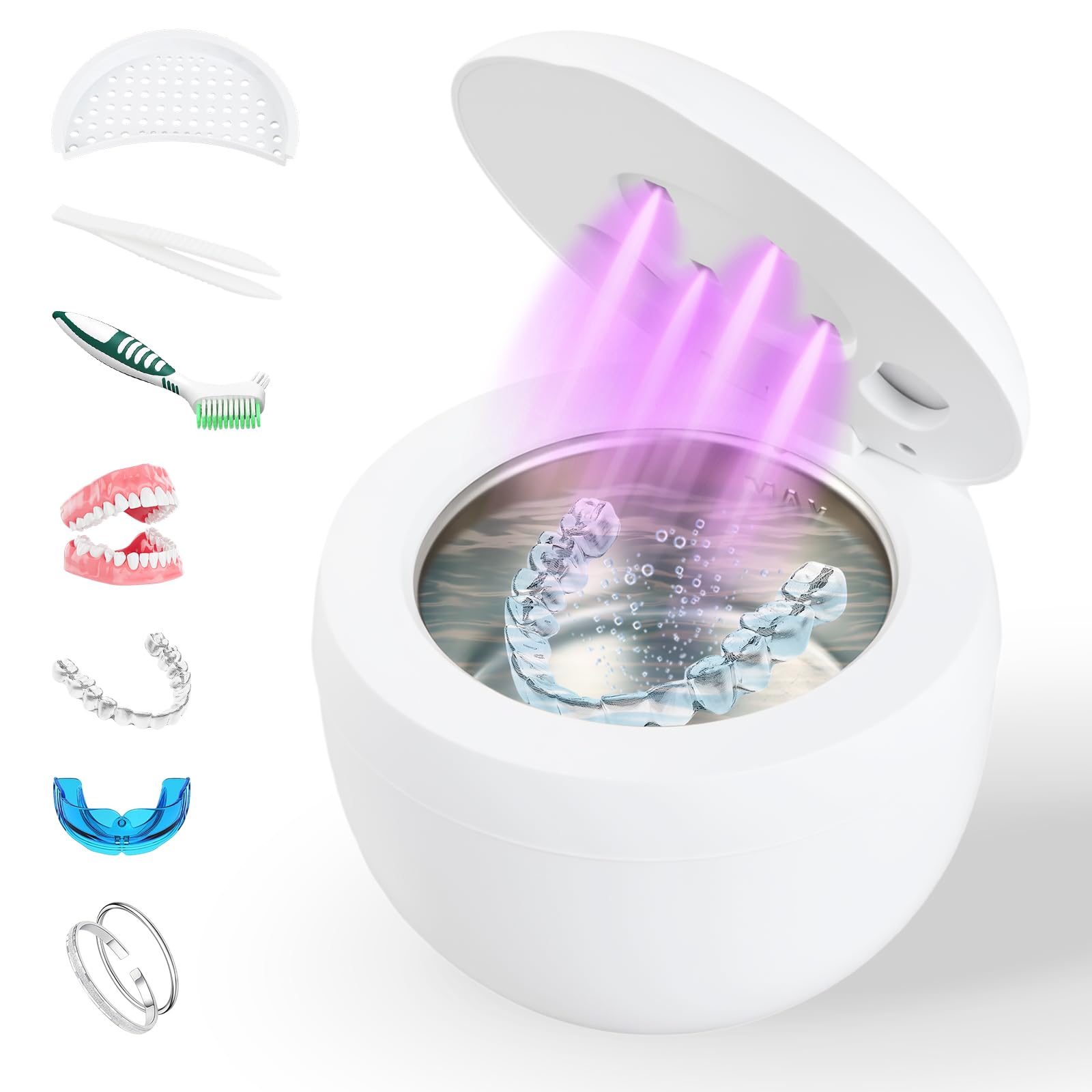 Nettoyeur Ultrasons 45kHz avec Lampe UV, Bac Ultrasonic Cleaner 200ml pour Prothèses Dentaires, Gouttière Dentaire, Aligneurs, Retainer, Bijoux