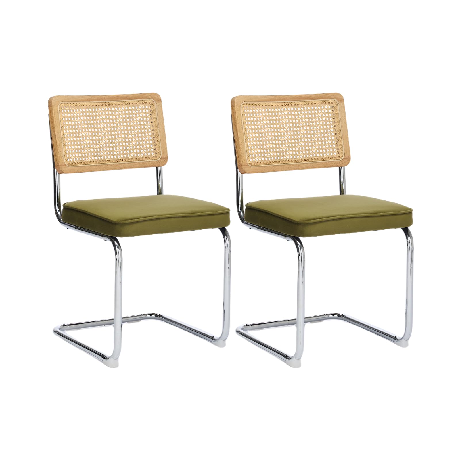 Chaises Salle à Manger Lot de 2, Chaises Cannage Velours Mid-Century, Chaise Luge Cantilever, Dossier en Rotin Naturel Tressé, Pieds Chromés, Sans Accoudoirs, pour Cuisine et Salon, Vert Olive