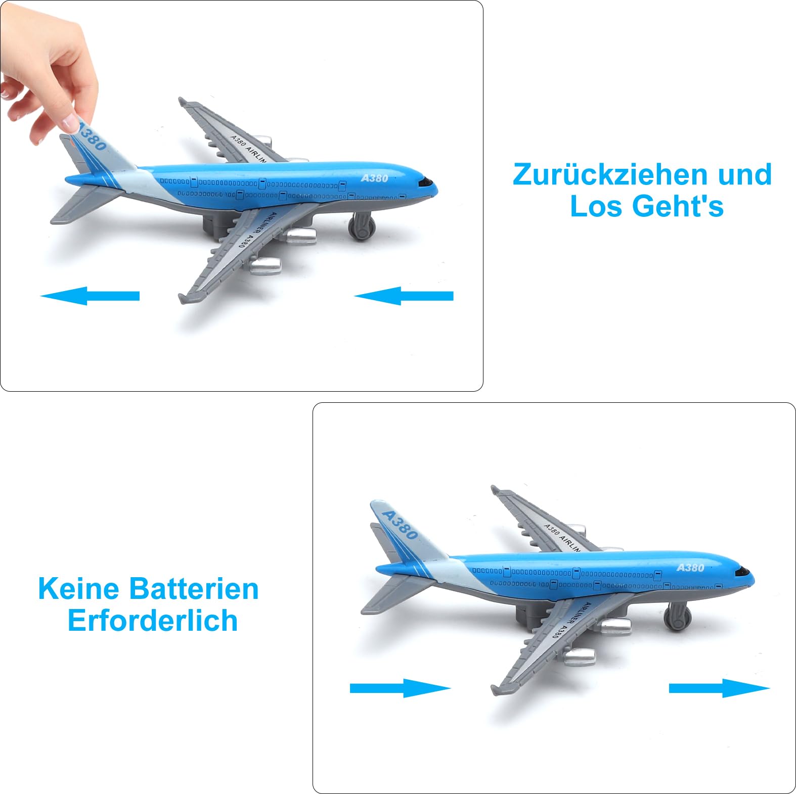 Airbus A380 zabawka do samolotu – mini metalowy model samolotu z funkcją wyciągania dla dzieci od 3 lat, plandeka powietrzna dla dzieci, idealna jako zabawka na lotnisku i prezent (długość 14 cm