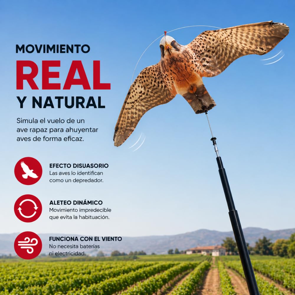 Espantapájaros Halcón Profesional Eolo | Ahuyenta Palomas y Aves | Movimiento Real de Vuelo | Protección UV | Fabricado en España | Mástil 7 Metros | Remi Hogar