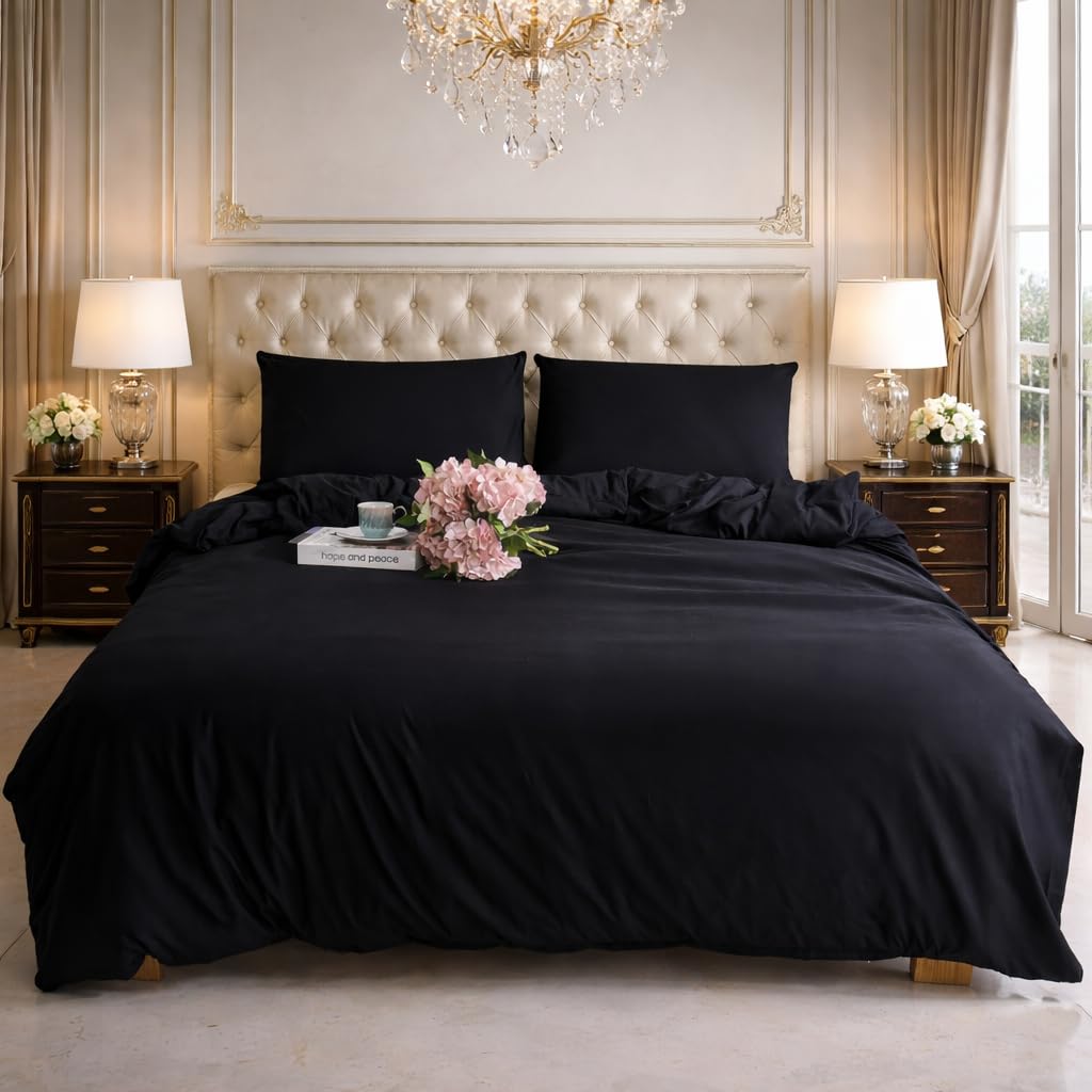 Charkhah Black King Size Duvet Cover Set | Soft Microfibre Bedding Set With 2 Pillowcases | Reversible Quilt Cover With Zip Closure | Easy Care, Breathable | Uk Size 230 X 220 Cm