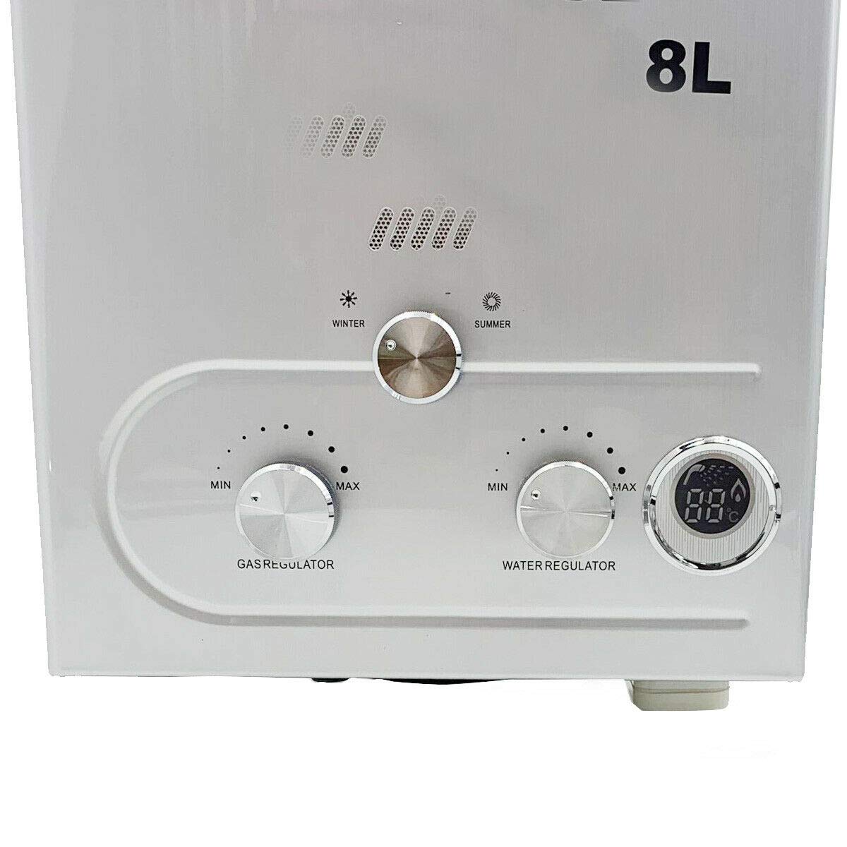 8L 16KW Tragbarer Gas Durchlauferhitzer Propangas Campingdusche für Außenbereich Bad Warmwasser LPG Warmwasserbereiter Tankless Instant, Silber