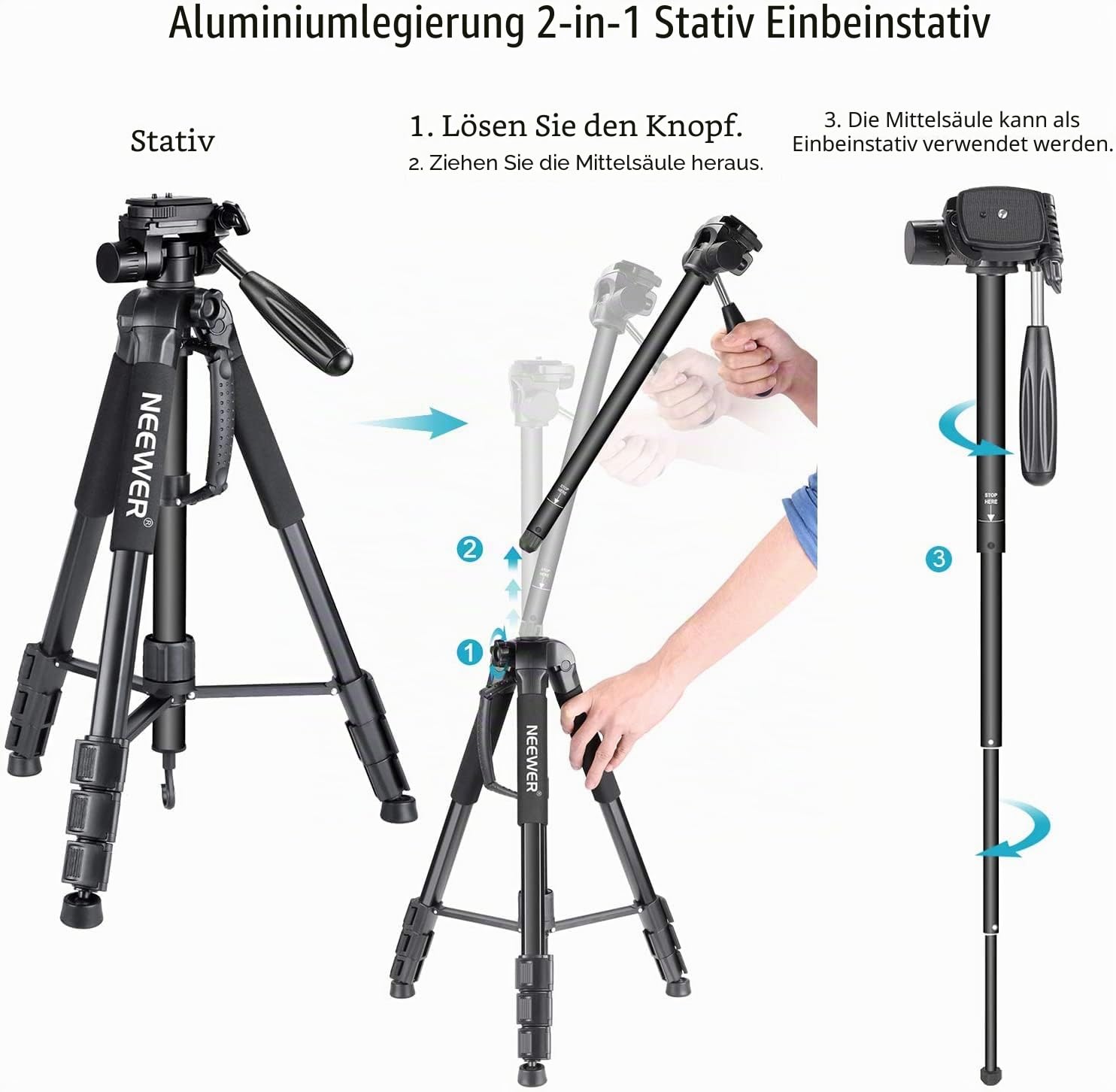 Neewer Tragbarer 177cm Aluminium Legierung Kamera Stativ Einbeinstativ mit 3-Wege-Drehgelenk Pan Head für DSLR-Kamera schwarz – Bild 2