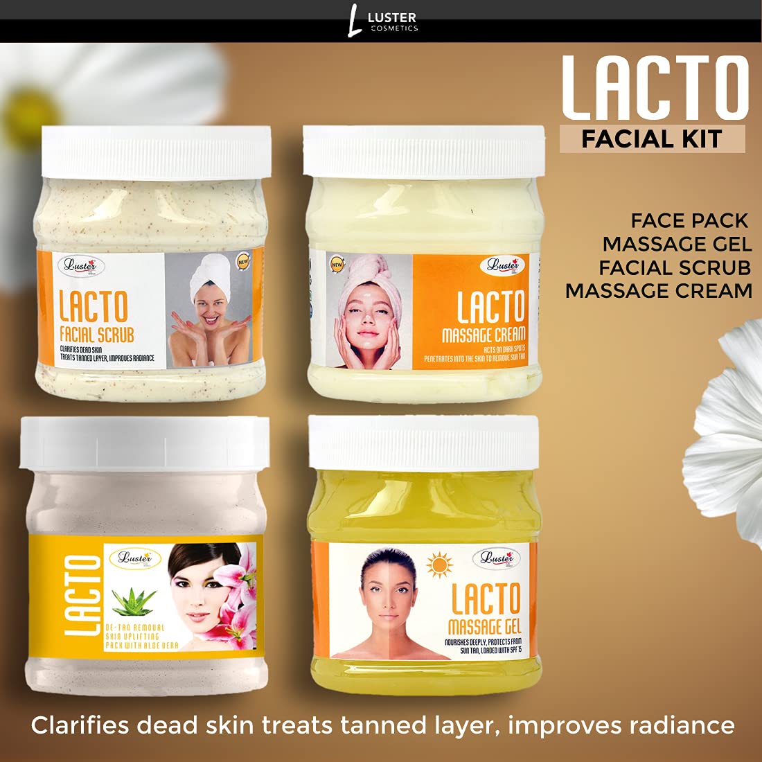 Luster Lacto Anti Tan Customized Facial Kit | Removes Sun Tan & Dark Spot | Scrub | Massage Cream | Massage Gel | Face Pack | Paraben Free - 500 ml (Pack of 4).