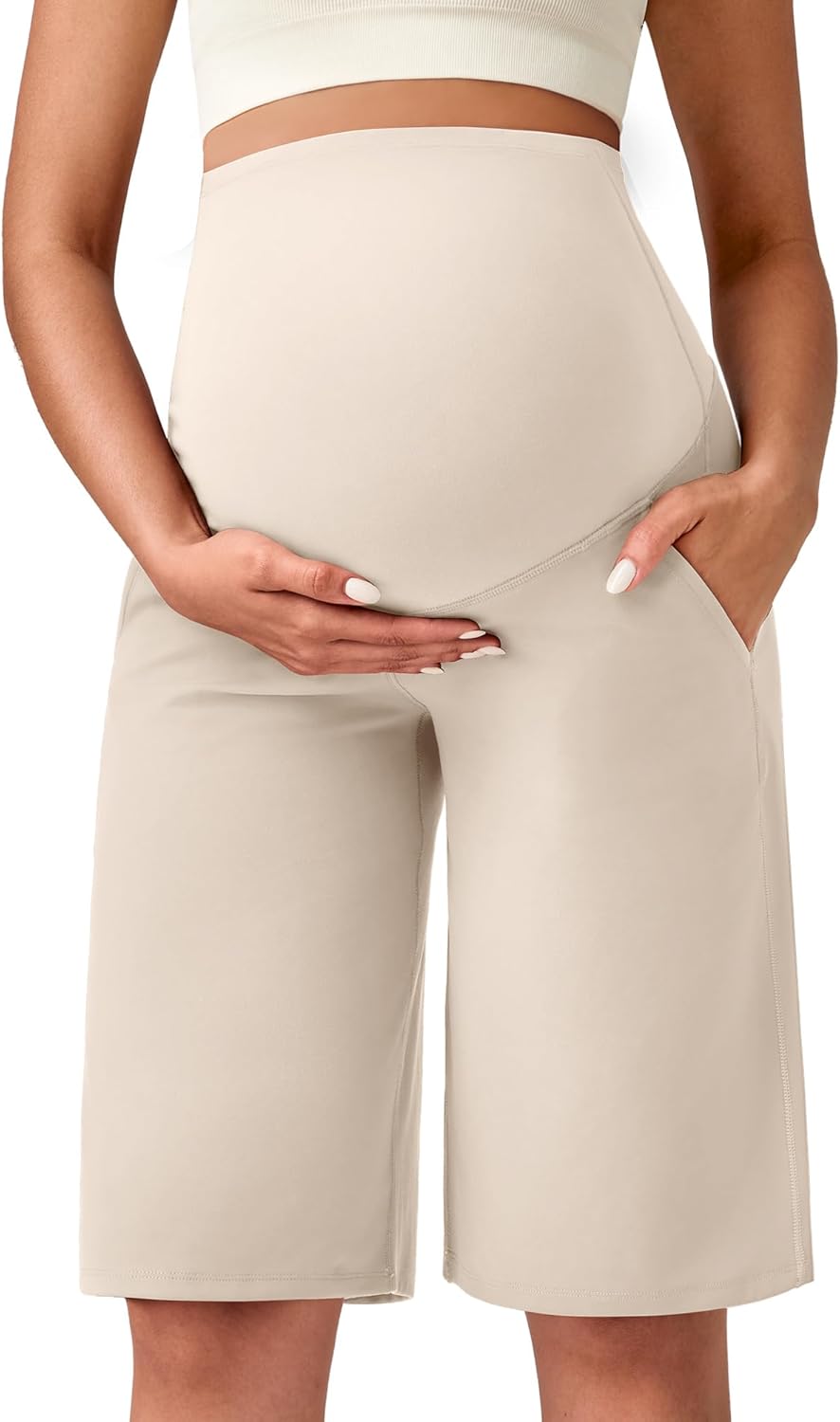 G4Free Maternity Athletic Shorts with Pockets Over The Belly Stretchy Workout Pants Pregnancy Wide Leg Bermuda Casual