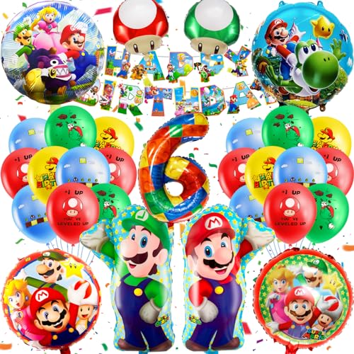 MLA6 32 unidades decoração de aniversário de Mario, balões de 6 anos, conjunto de balões de aniversário infantis, decoração de aniversário, balões de aniversário, decoração temática com balões super