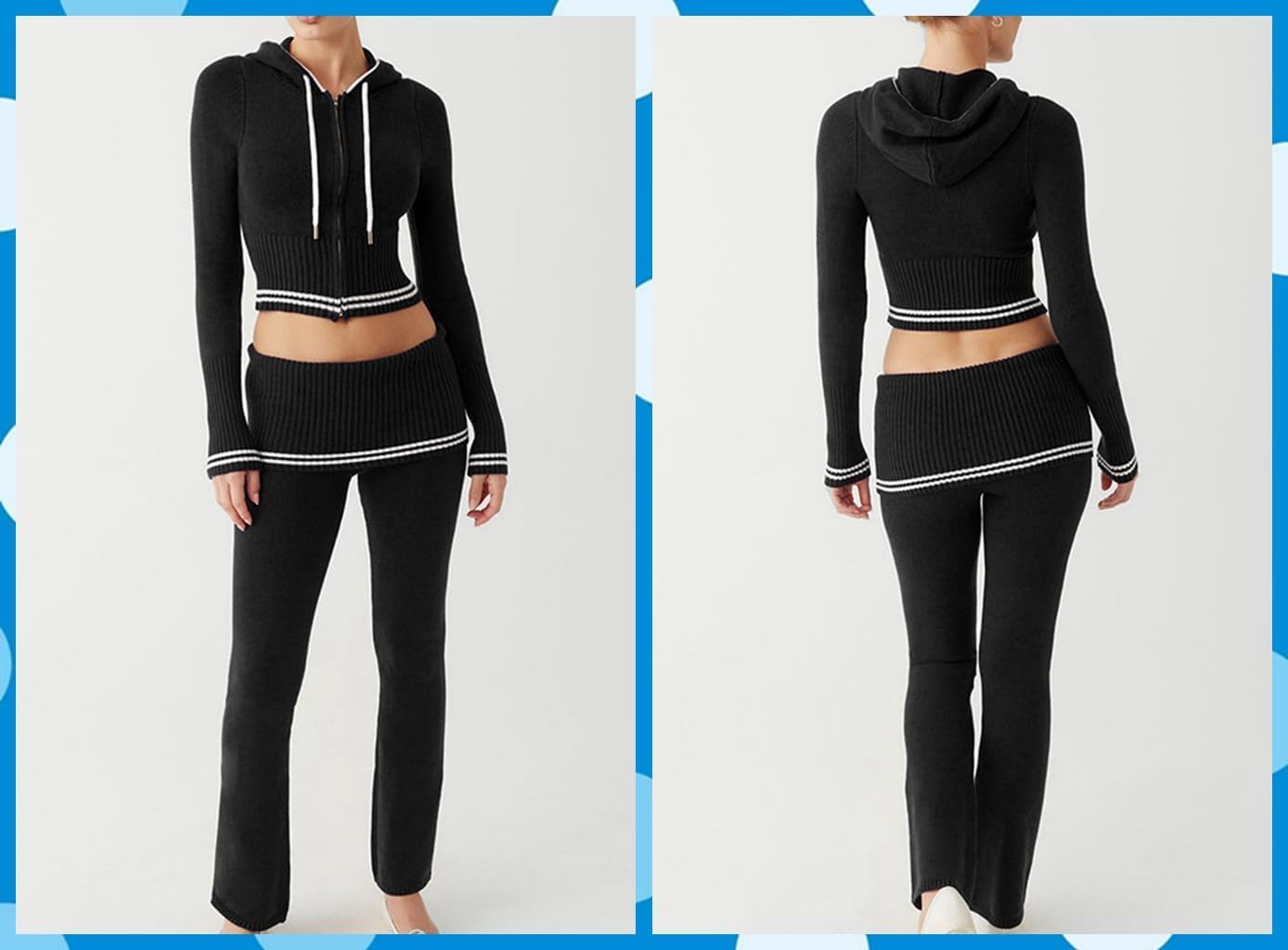 Pantaloni da donna con cappuccio elasticizzati a maniche lunghe con zip e pantaloni da salotto - Moda casual Y2k Slim Crop Top a vita alta Pantaloni skinny Abiti maglione, Nero , M