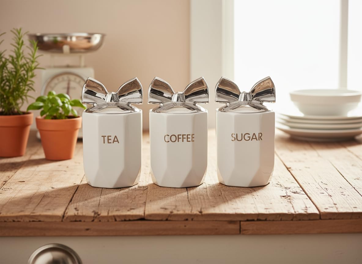 Biznest Set Of 3 Jars Silver Bow Lid Kitchen Canister Jar For Tea Coffee Sugar Storage Pots Marble Effect Home Decor Dining Table Eye-Catching Glamorous Design (White)