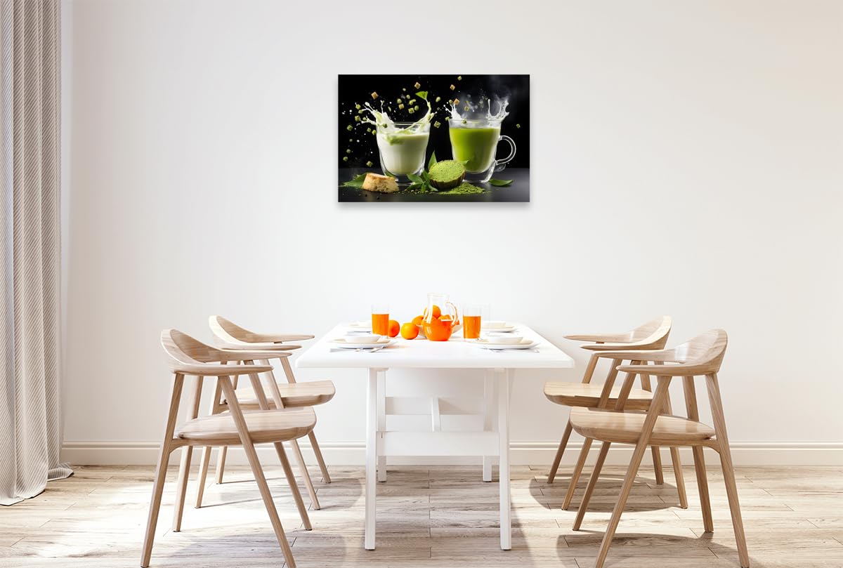 CALVENDO · Vegane Matcha-Latte-Drinks mit Hafermilch und Matcha (Leinwand) | 90 × 60 cm Querformat · Textil-Leinwand auf Keilrahmen · Trendige Matcha-Genusskreationen