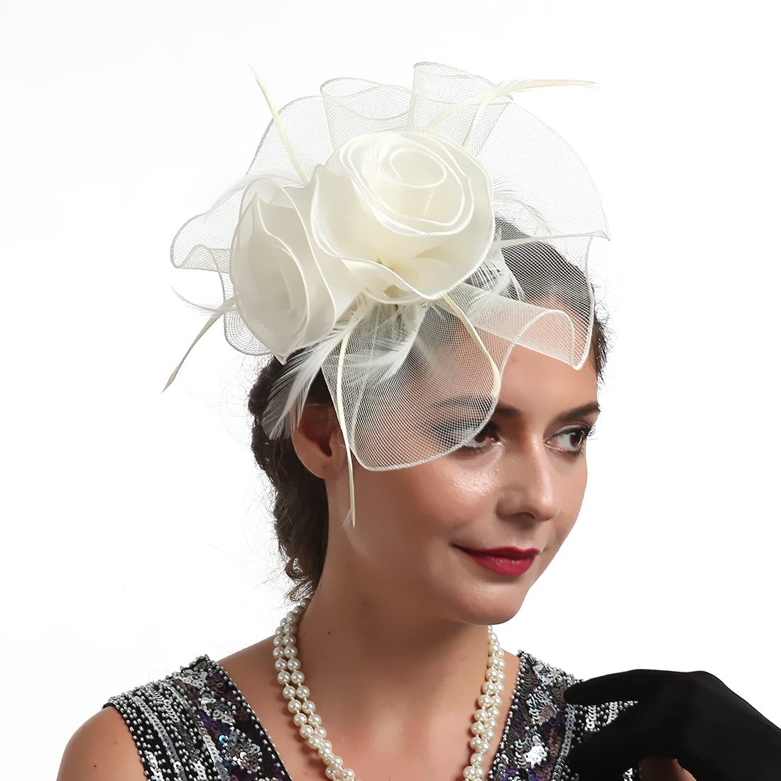 TOPOQ Cream Fascinators for Women Wedding Fascinators Tea Party Hat Flapper Pillbox Fascinator Hat Derby Ascot Hat with Headband Hairclips Headdress Headpieces