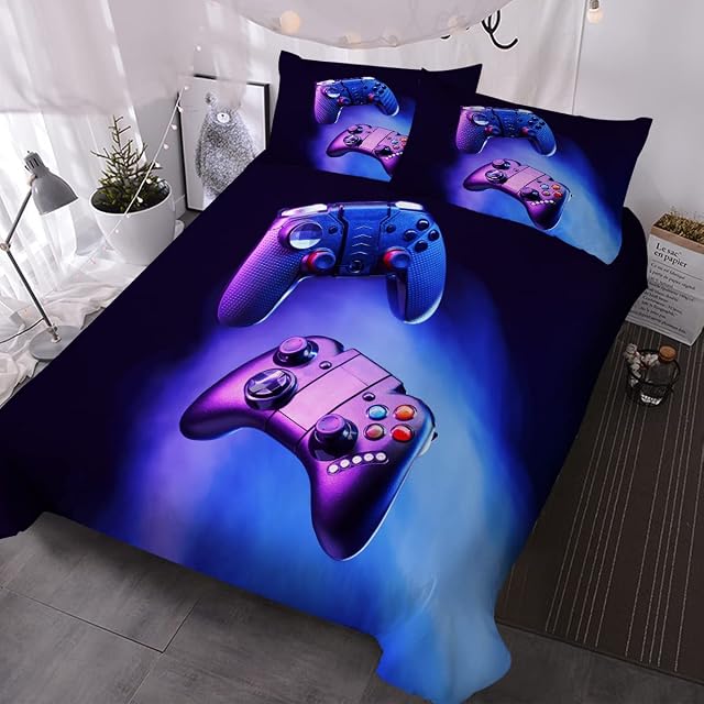 BlessLiving Gamer Comforter Cover for Boys Trippy Gaming Bedding Set Teens Kids Game Room Decor Purple Blue Video Gamepad Duvet Cover Stylish Quilt Set with 2 Pillowcases 3Pcs Double Size