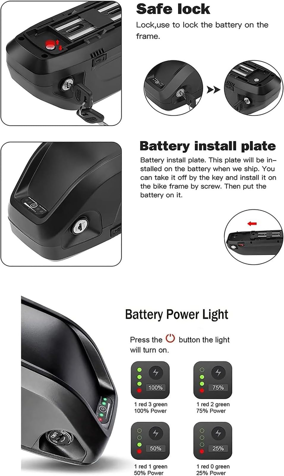 48V 52V 13AH 15AH 20AH E-Bike Batería, Batería De Alta Potencia con Cargador, Salida USB, Cierre Seguro, Placa Base 4 Pin, para 200W-800W Motores