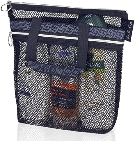 DV Lifestyle Mesh Shower Caddy Portable 10.2x9.9'' Shower Bag with Zipper & 2 Pockets. Shower Tote Ideal for Gym, Travel, Camp, Beach, for Sunscreen, Dorm & College Essentials (Black)