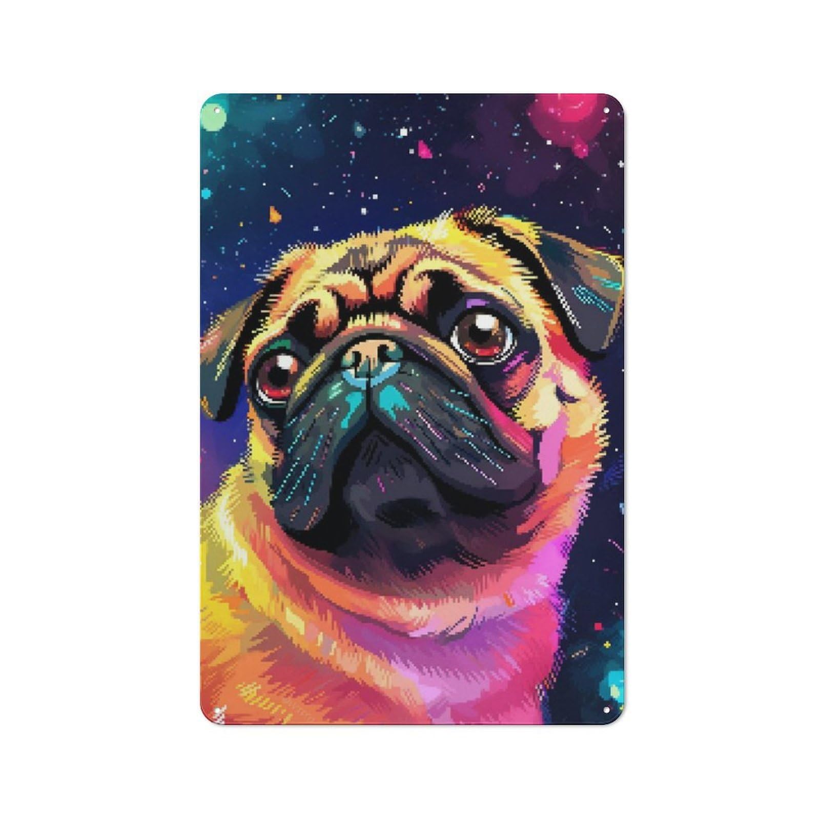 Junmoney Inspiring Pug Pixel Art Rustic Metal Sign 30X20cm For Guest Room Or Hallway, Suited To Hallway Wall Decor Fans