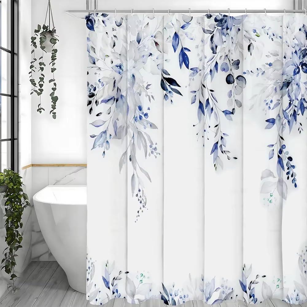Rideau de douche bleu contre les éclaboussures de baignoire avec crochets