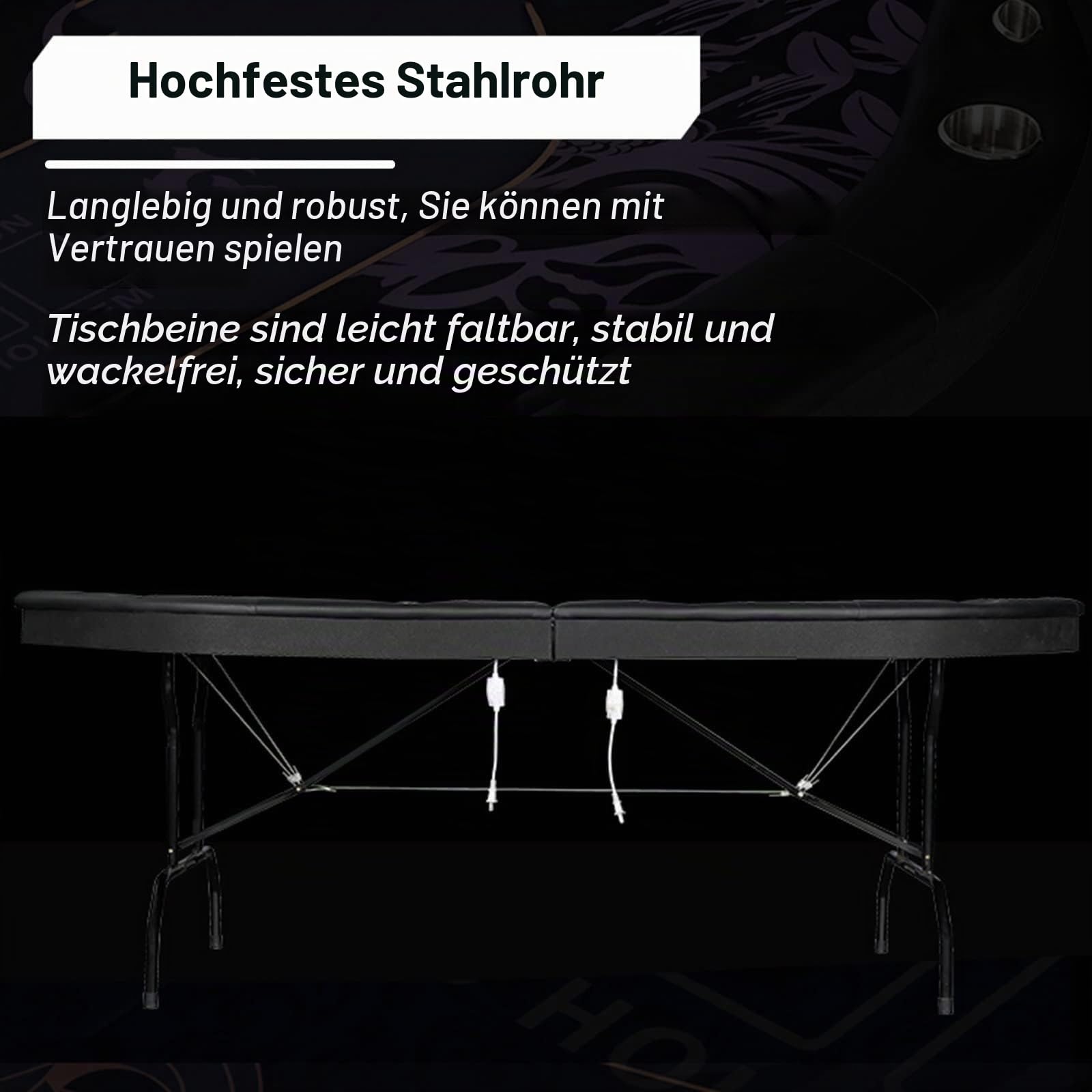Klappbarer Pokertisch für 10 Spieler mit blauen LED-Lichtern, Getränkehaltern aus Edelstahl und zusammenklappbaren Beinen – Casino Tischplatte Texas Holdem Pokertisch