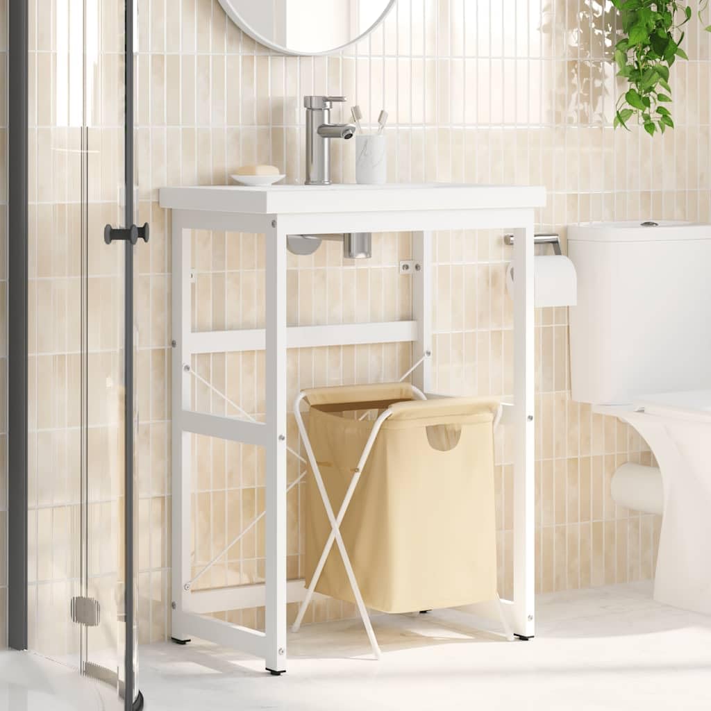 Waschtischgestell Badezimmer Weiß 59 x 38 x 83 cm, pulverbeschichtetes Eisen, Waschbeckenständer mit Wandhalterung, platzsparender Stauraum für Waschplatz und Gäste-WC