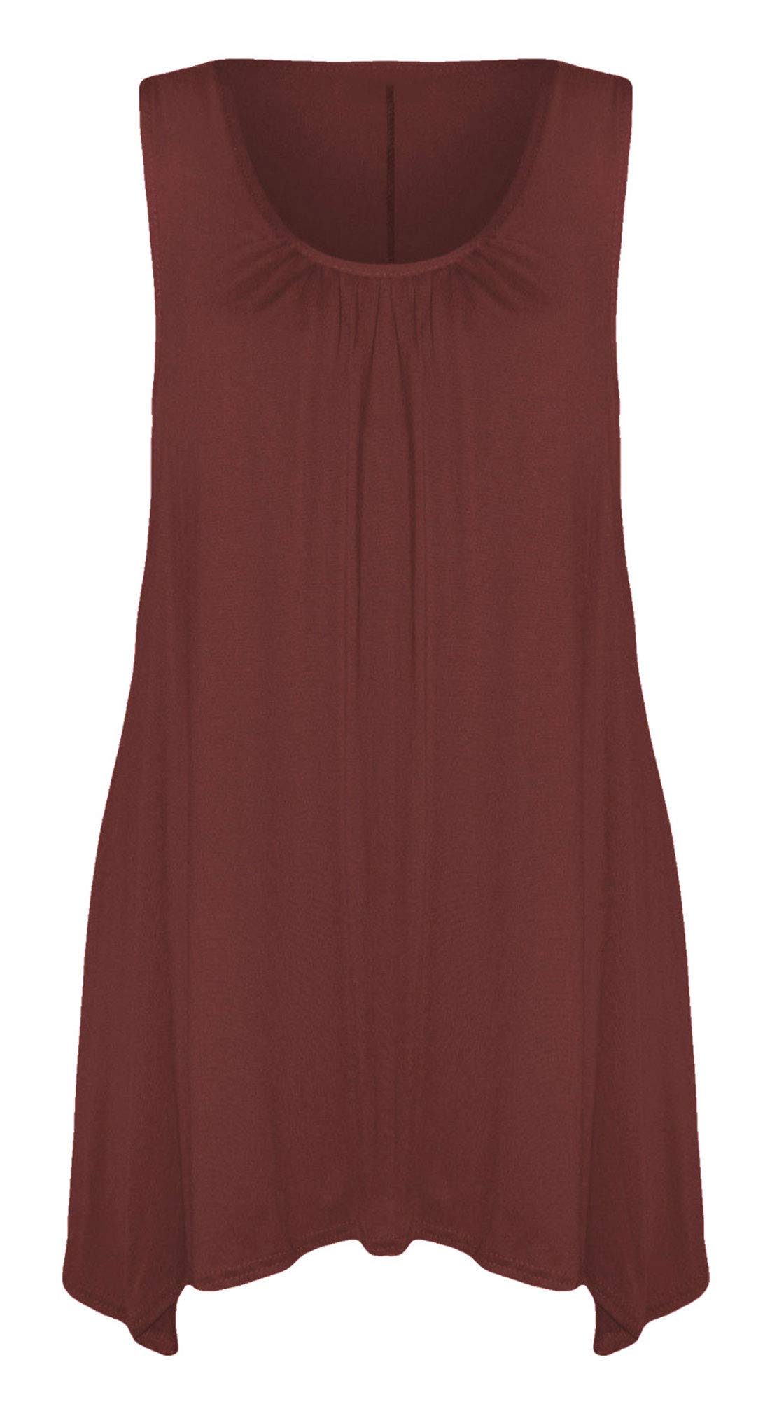 Real Life Fashion Ltd Women's Wine Sleeveless Hanky Hem Top Plain Gathered Top Scoop Neck Tunic Shirt Flared Vest Top