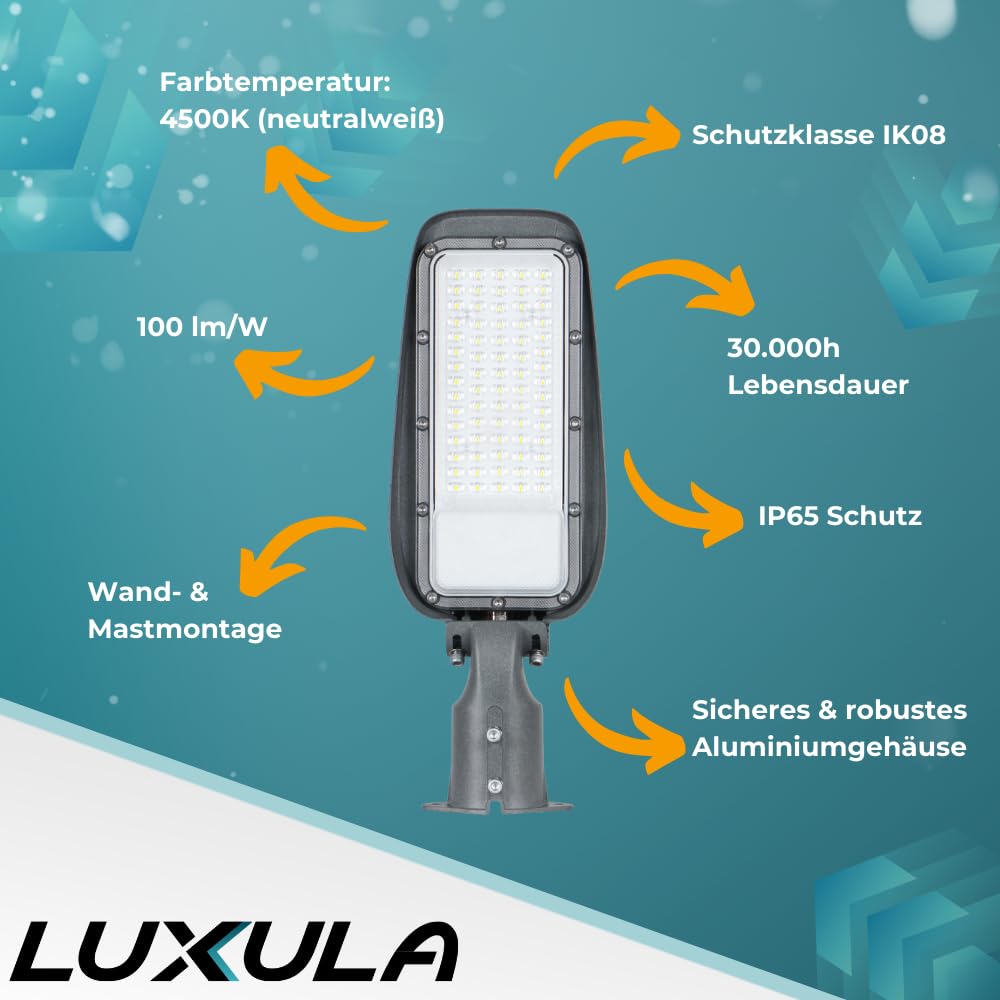 LUXULA LED Straßenlaterne 150W 4500K Neutralweiß, IP65 Außenleuchte für Mast- oder Wandmontage, wetterfeste Außenbeleuchtung für Hof, Parkplatz und Wege, robuste Straßenbeleuchtung Grau