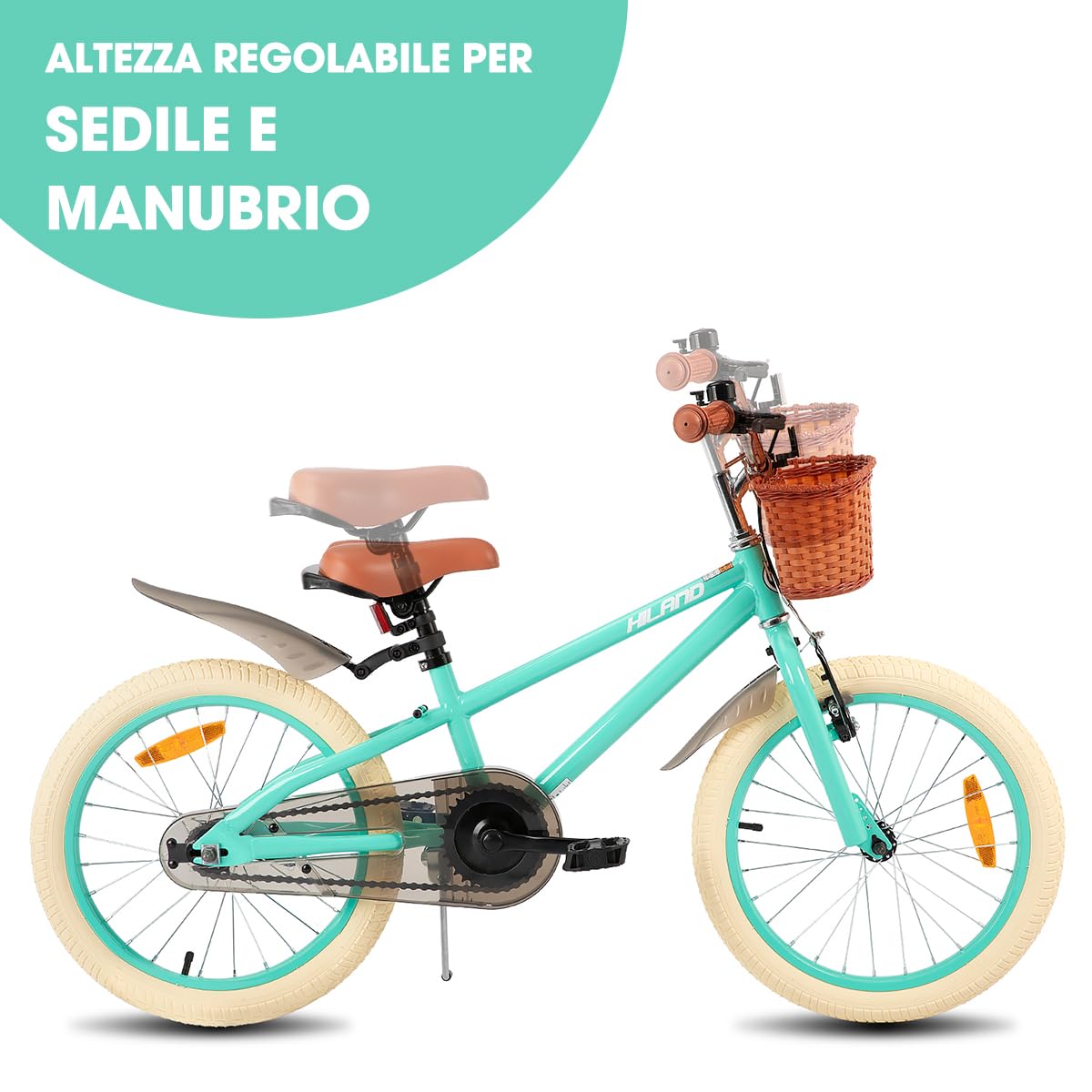 HILAND Spark Bicicletta Bambina 14/16/18 Pollici 3–9 Anni, Bicicletta Stile Vintage con Ruota di Supporto,con Cestino, Freno a Mano e Freno a Pedale, Rosa/Verde