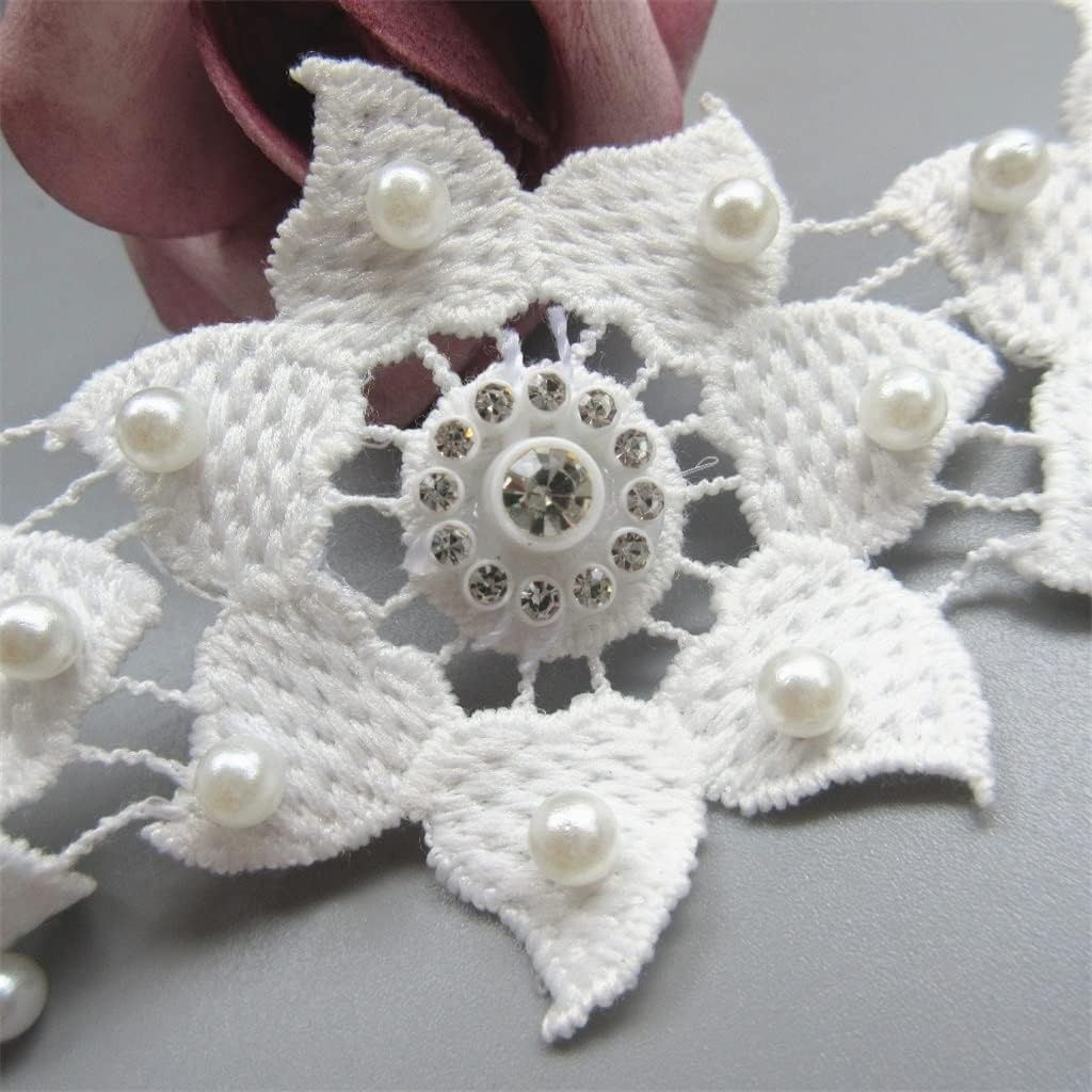Sun Flower Pearl Lace Edge Trim Ribbon Embroidered Applique Sewing Craft Wedding Dress Clothes (White 5.7cm Width)