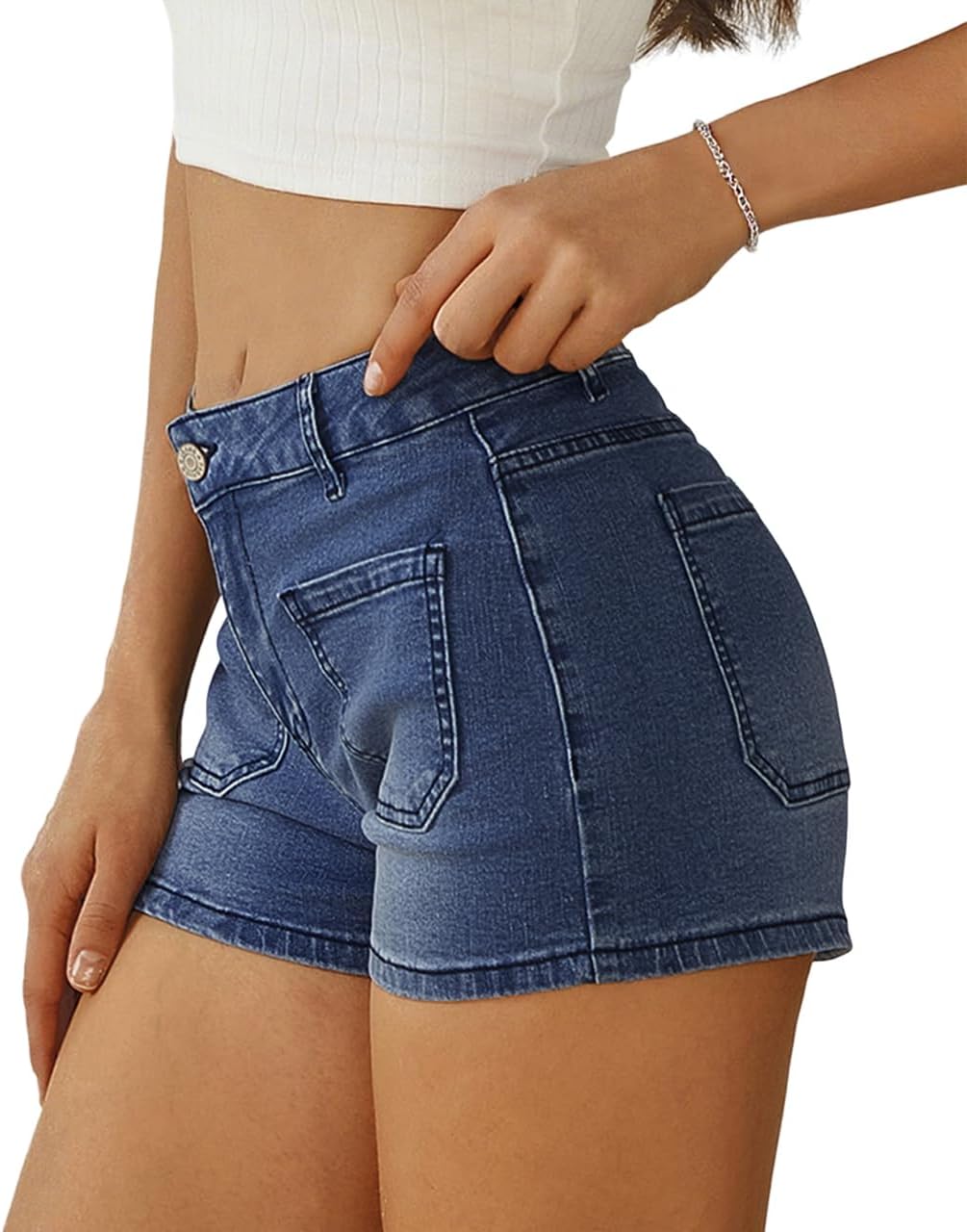 MIFOCAL Women's Summer Mid Waisted Casual Jean Shorts Trendy Flat Pockets Cutoff Stretchy Denim Shorts - Image 2