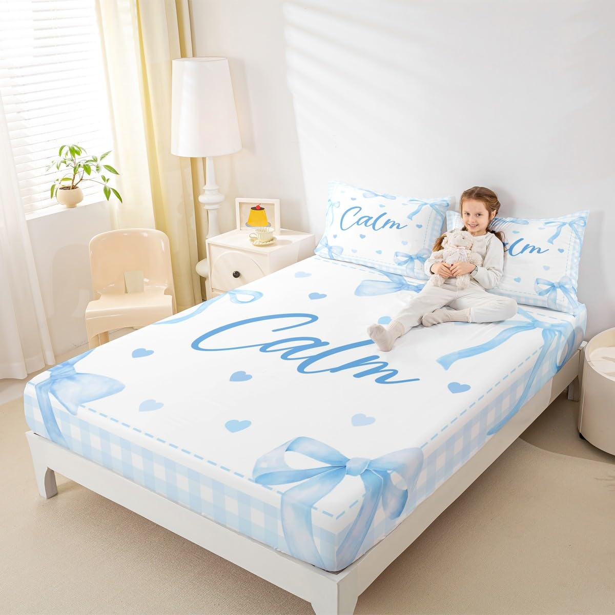 Erosebridal Cute Blue Bow Knot Fitted Sheet,Calm Cartoon Bow Bed Sheets for Kids Boys Girls,Kawaii Love Heart Bowtie Bedding Set Queen Size,Butterfly Knot Princess Style Sheets 3 Piece