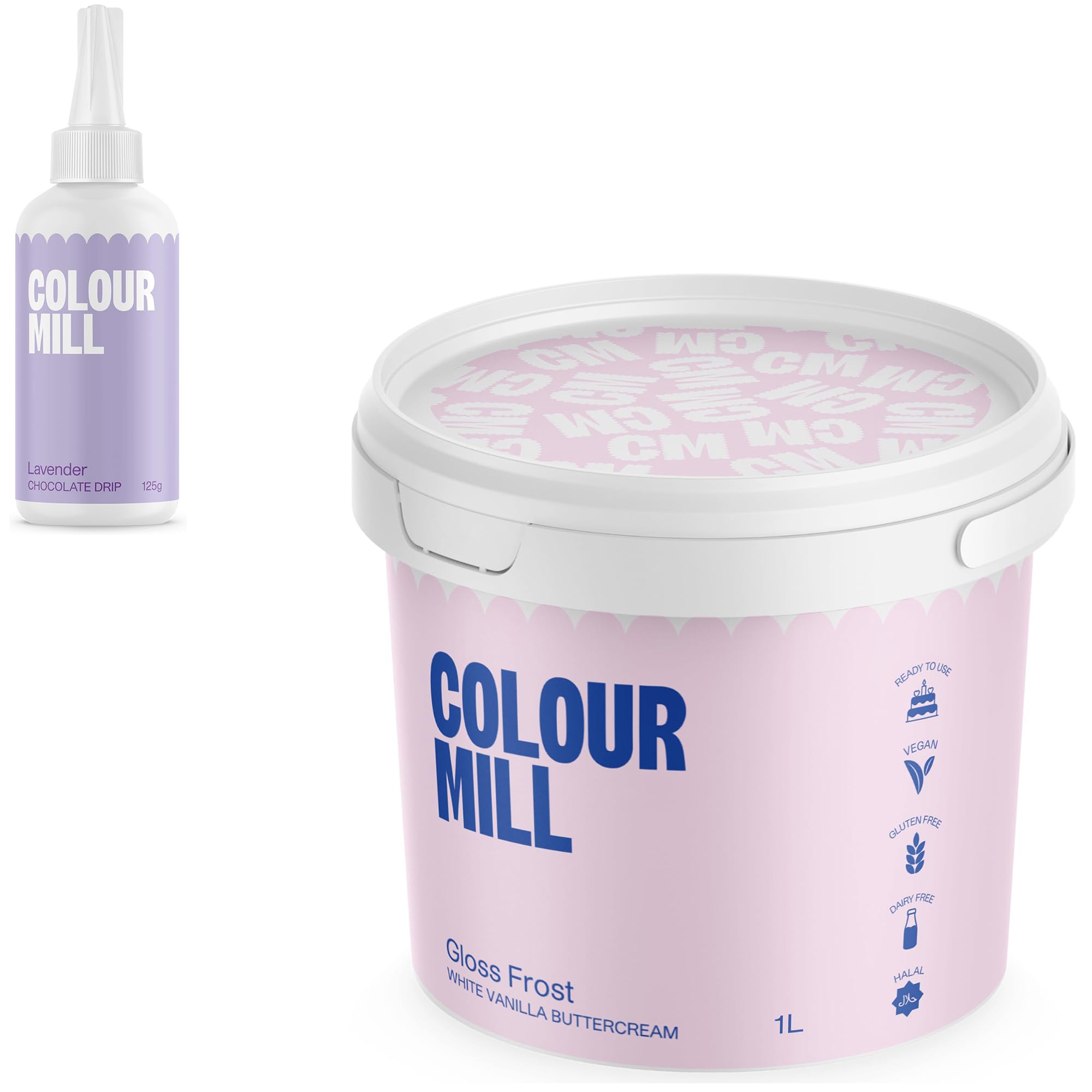 Colour Mill Chocolate Drip Easy-Melt Drizzle for Desserts, 125 Grams Lavender + Gloss Frost White Buttercream, 1 Liter (2.2LBS)