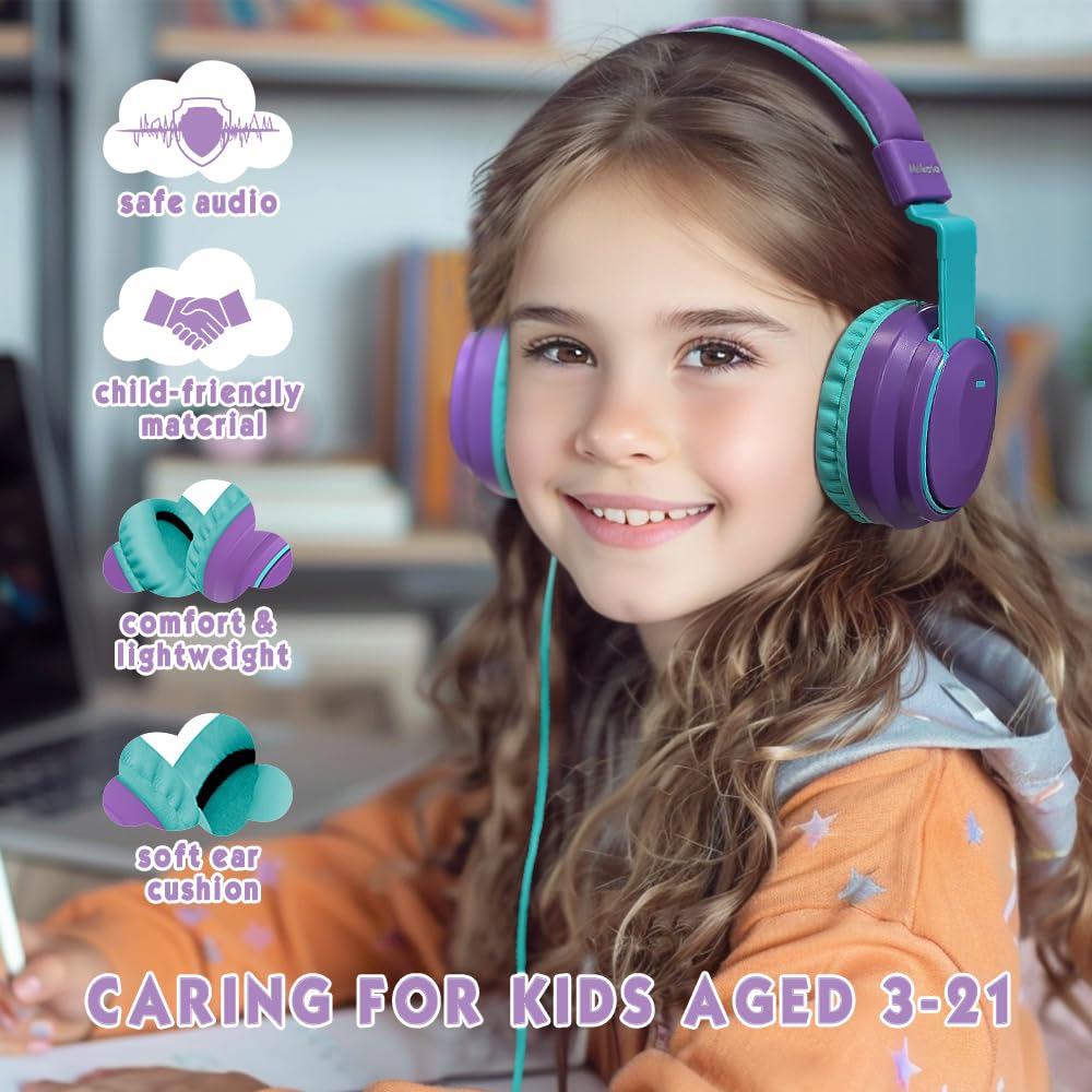 Mokata Auriculares para niños, volumen limitado, 85/96 dB, con cable, plegables, con cable en línea, cable auxiliar de 3,5 mm, micrófono para niño, niña, escuela, PC, portátil, tablet, color morado