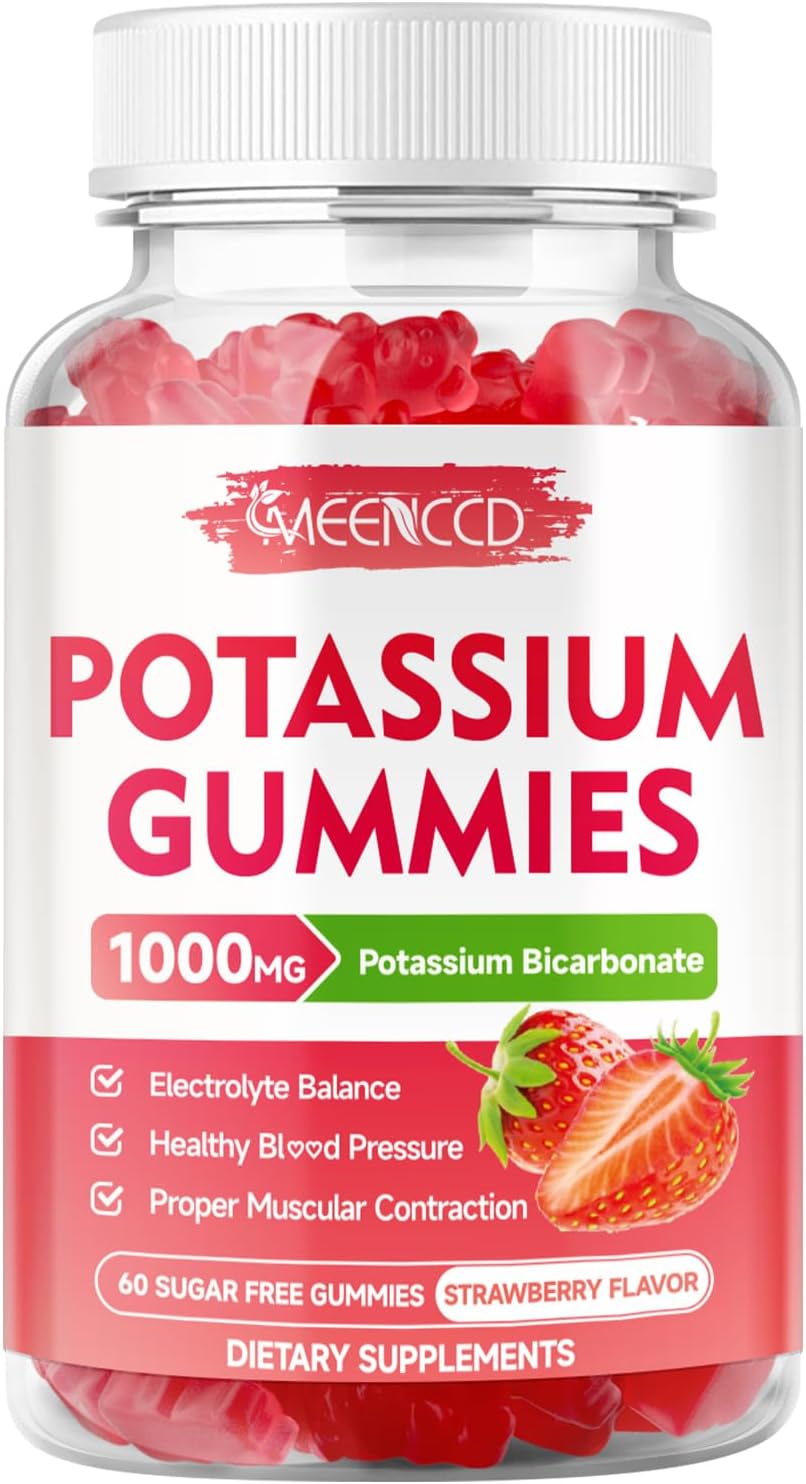 Potassium Gummies, Potassium Bicarbonate Supplement for Adults & Kids, Potassium Supplement for Electrolyte Balance & Muscle Heath, Sugar-Free, Strawberry Flavor, 60 Count
