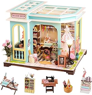 DIY Miniature House Kit with LED Light,Tailor Shop Mini House Building kit,Tiny House Kit 3D Wooden Craft Mini Model Kit,D...