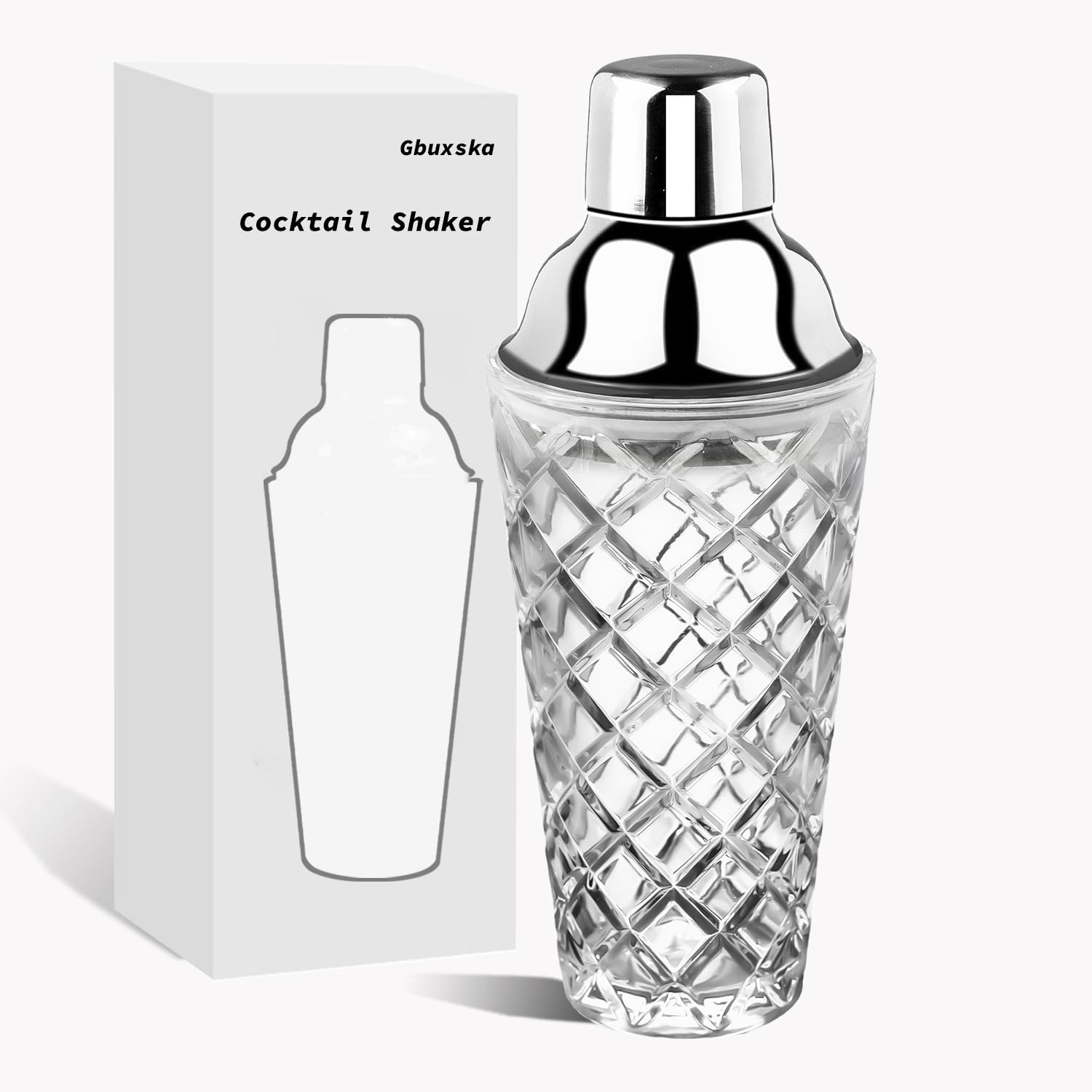 Glass Cocktail Shaker Kit, 14.2 Ounce Martini Mocktail Making Set with Leakproof Metallic Steel Lid & Strainer for Home Use & Bar Cart Silver