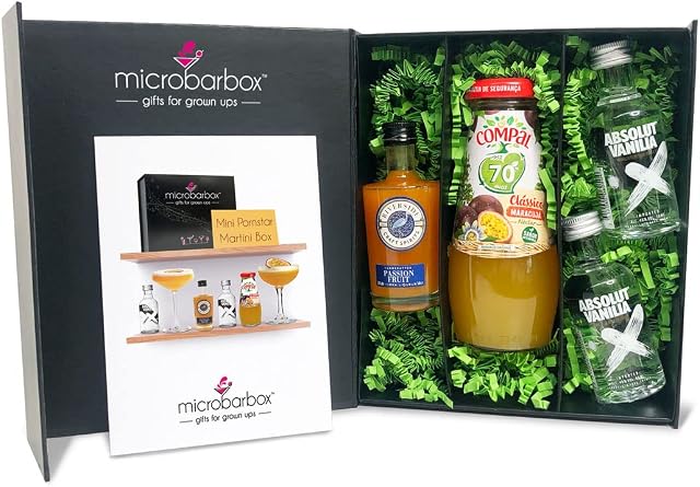 MicroBarBox Mini Pornstar Martini Cocktail Kit Gift Set featuring: 2 x Pornstar/Passion Fruit Martinis | Presented in a magnet-close gift box with recipe card