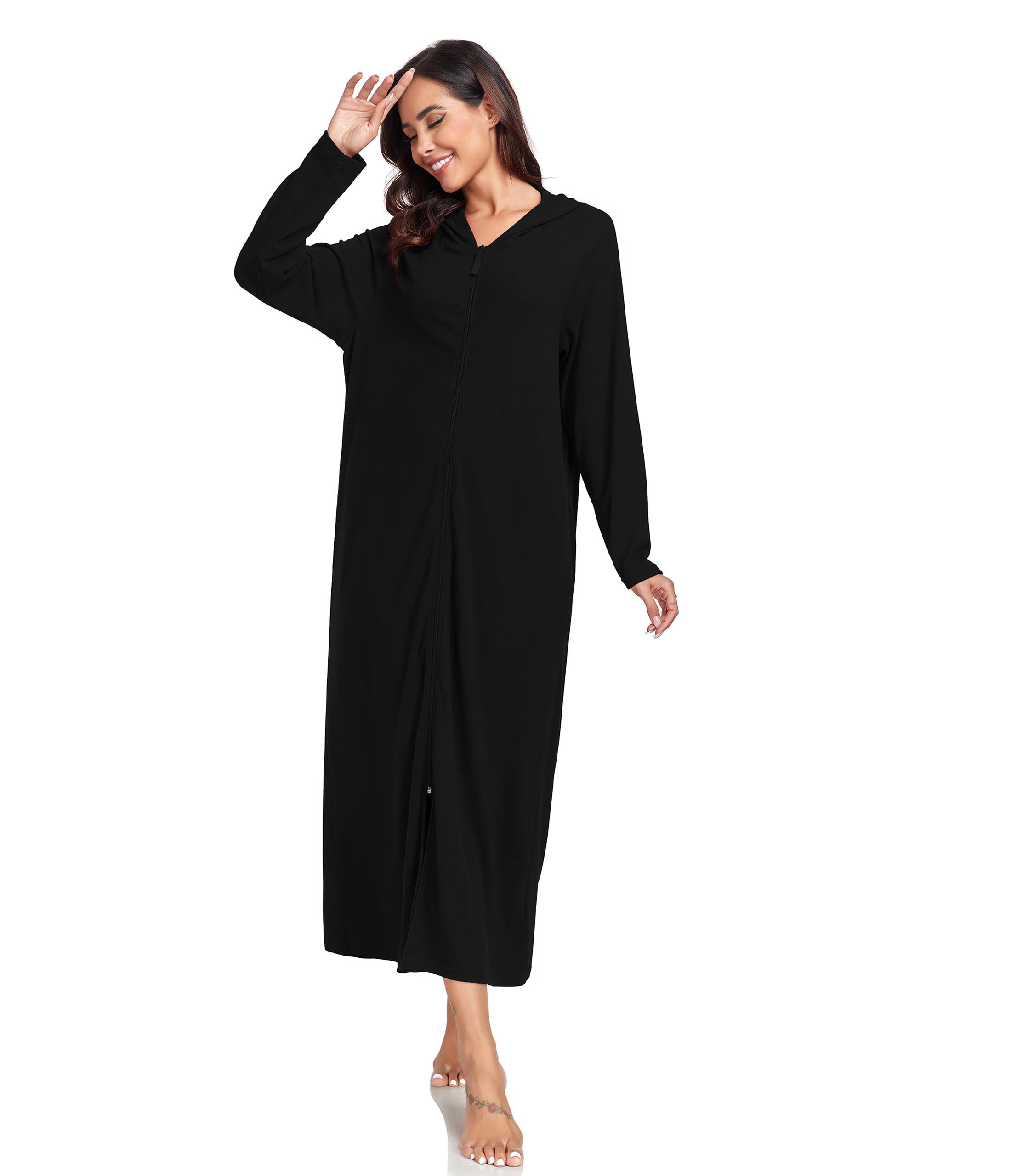 COLORFULLEAF Damen Reißverschluss Bademantel Langarm Kapuze Fleece Bademantel Weich Warm Hausmantel Loungewear mit Taschen