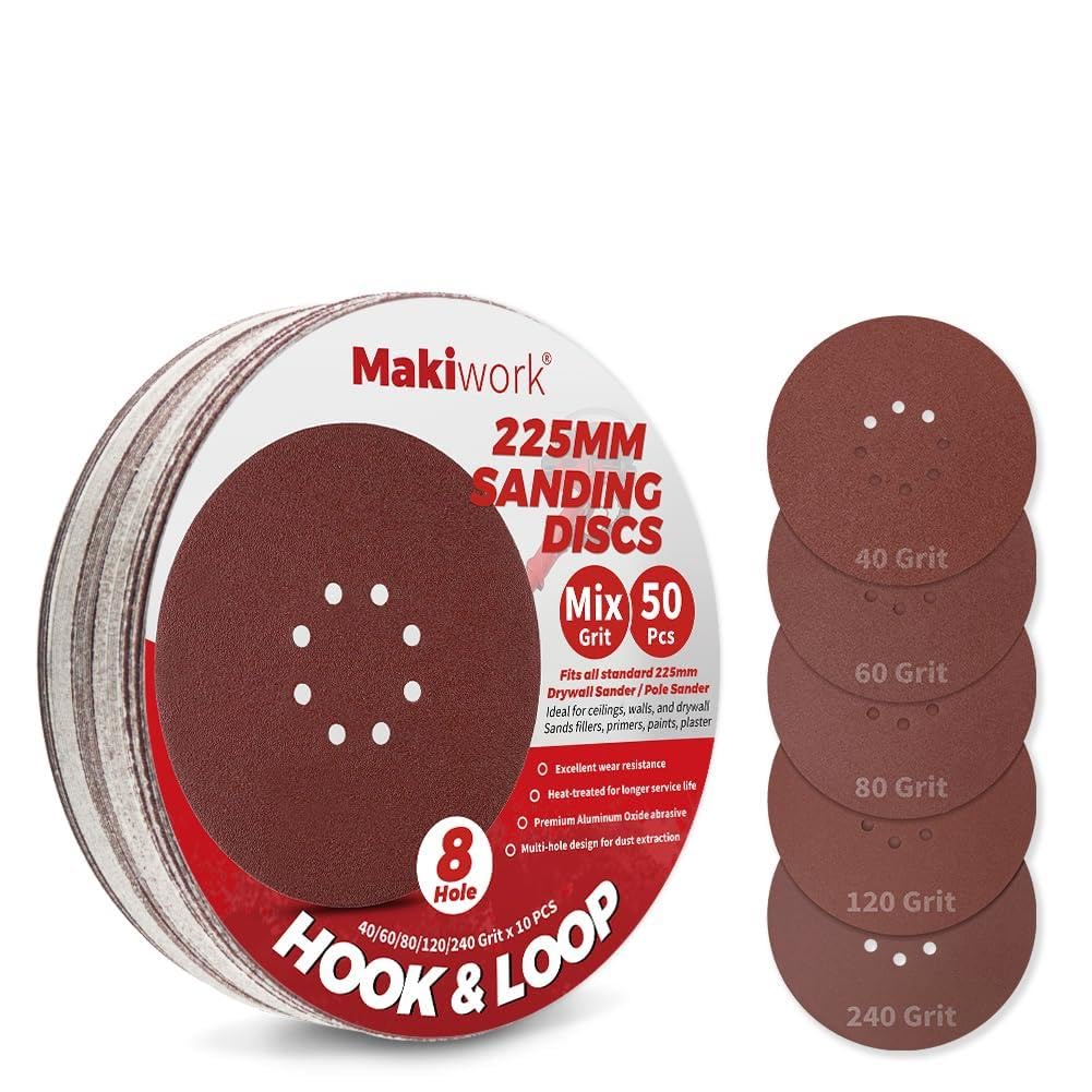 Makiwork 50PCS 225mm 8-Hole Hook & Loop Sanding Discs (40/60/80/120/240 Grit – 10 Each) – Multi-Grit Aluminum Oxide Sandpaper Set for Drywall Sander, Paint Removal, Wood & Metal Surface Prep