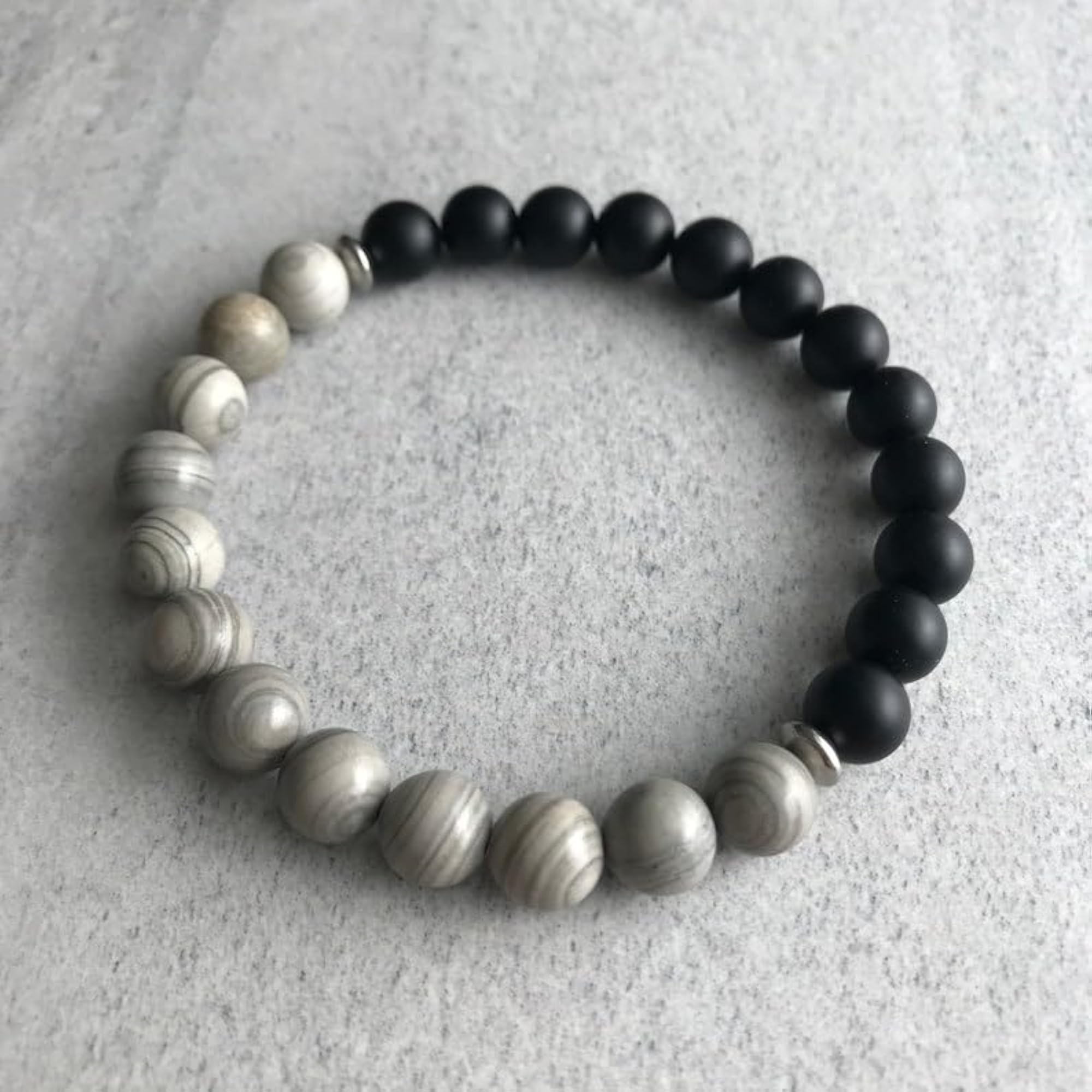 Natural Matte Onyx & Gray Banded Jasper 8mm Round Bead Stretchable Bracelet, Unisex